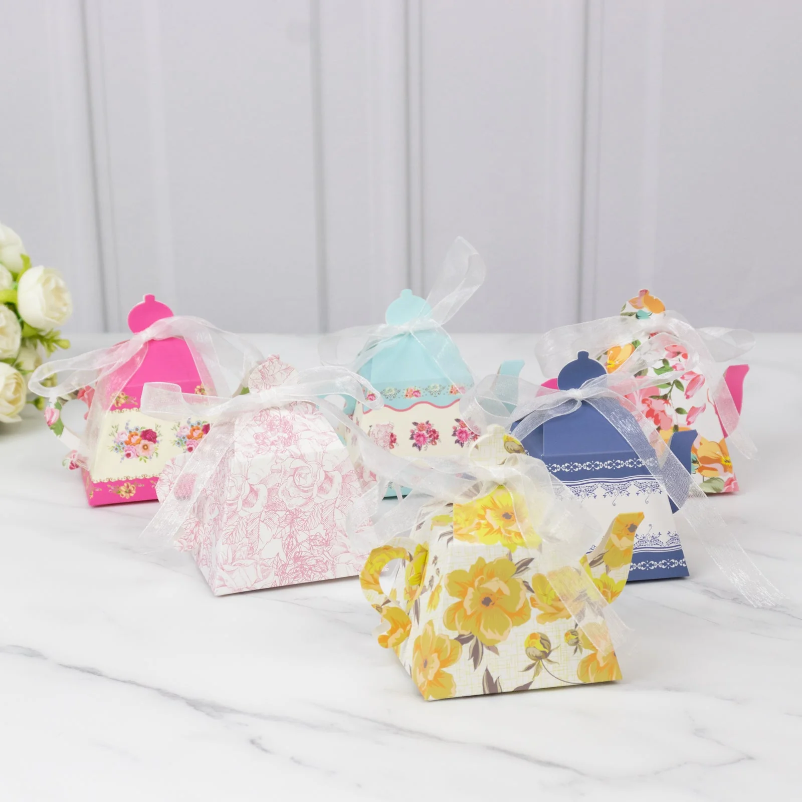 24 Pack Party Favor Boxes in Mixed Vintage Floral Tea Pot Design - Elegant Cardboard Paper Gift Boxes for Weddings & Baby Showers - 5"x4" - Image 4