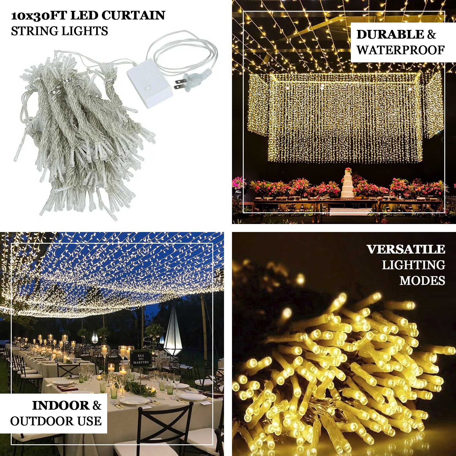 Warm White 900 LED Curtain String Lights with 8 Modes & Inline Memory Controller, Plug In Waterproof Fairy Lights for Indoor Outdoor Backdrop - 10ftx30ft - Image 3