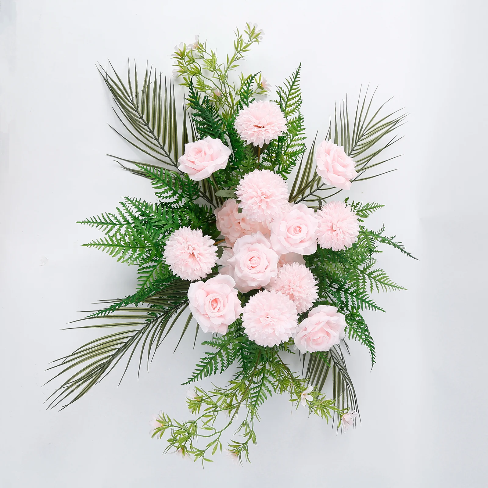 Wedding Arch Floral Swag – Artificial Blush Rose & Chrysanthemum with Greenery and Palm Leaves - Image 2