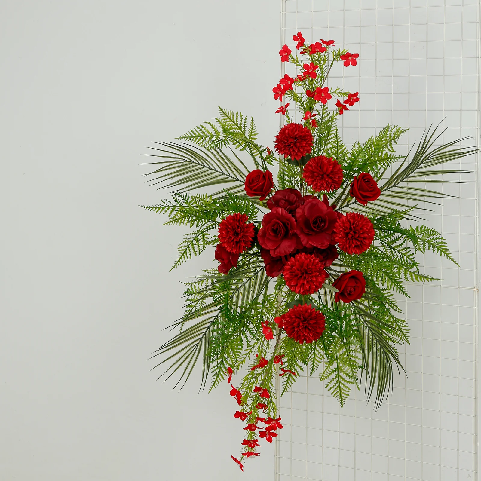 Wedding Arch Floral Swag – Artificial Burgundy Rose & Chrysanthemum with Greenery and Palm Leaves - Image 9