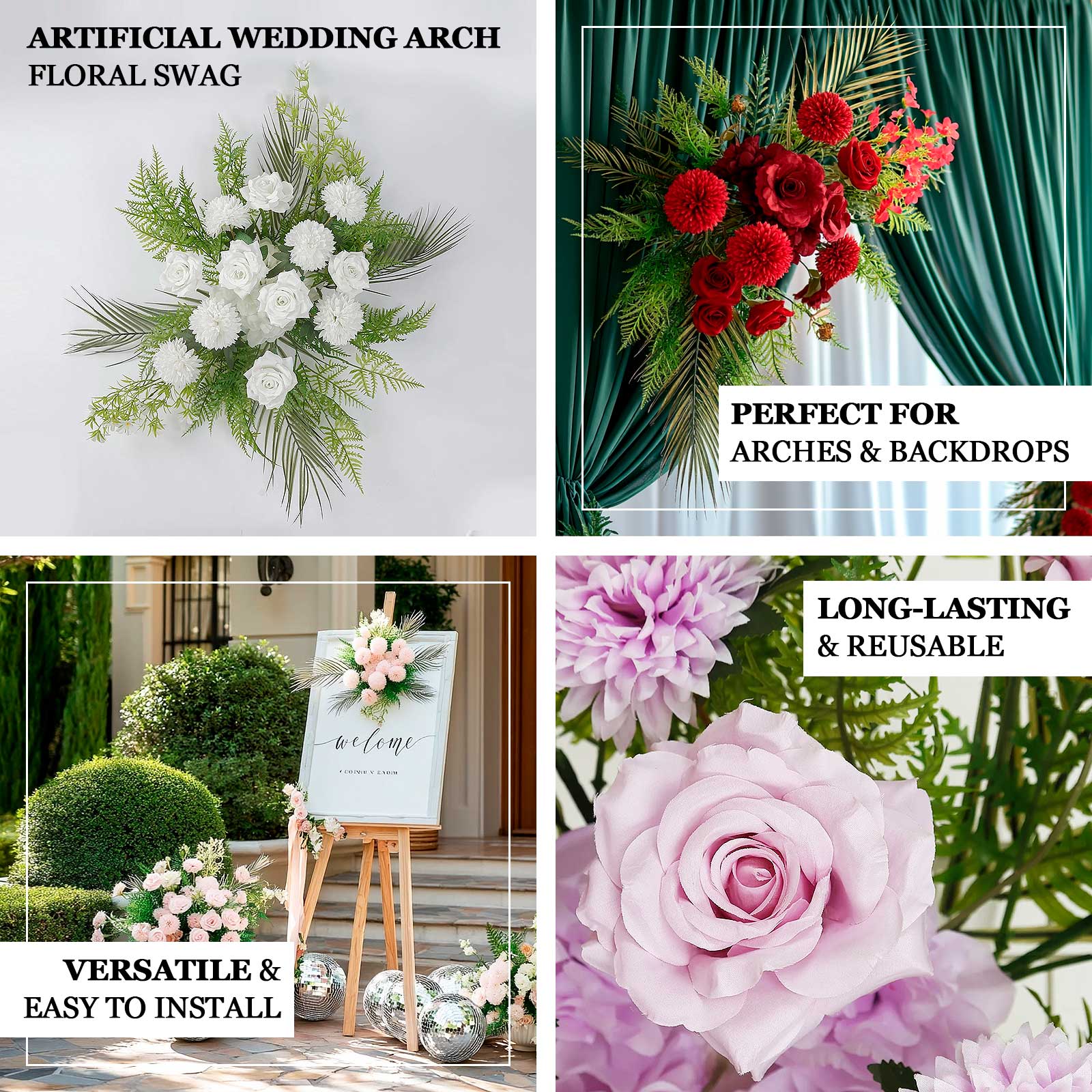Wedding Arch Floral Swag – Artificial Lavender Lilac Rose & Chrysanthemum with Greenery and Palm Leaves - Image 4