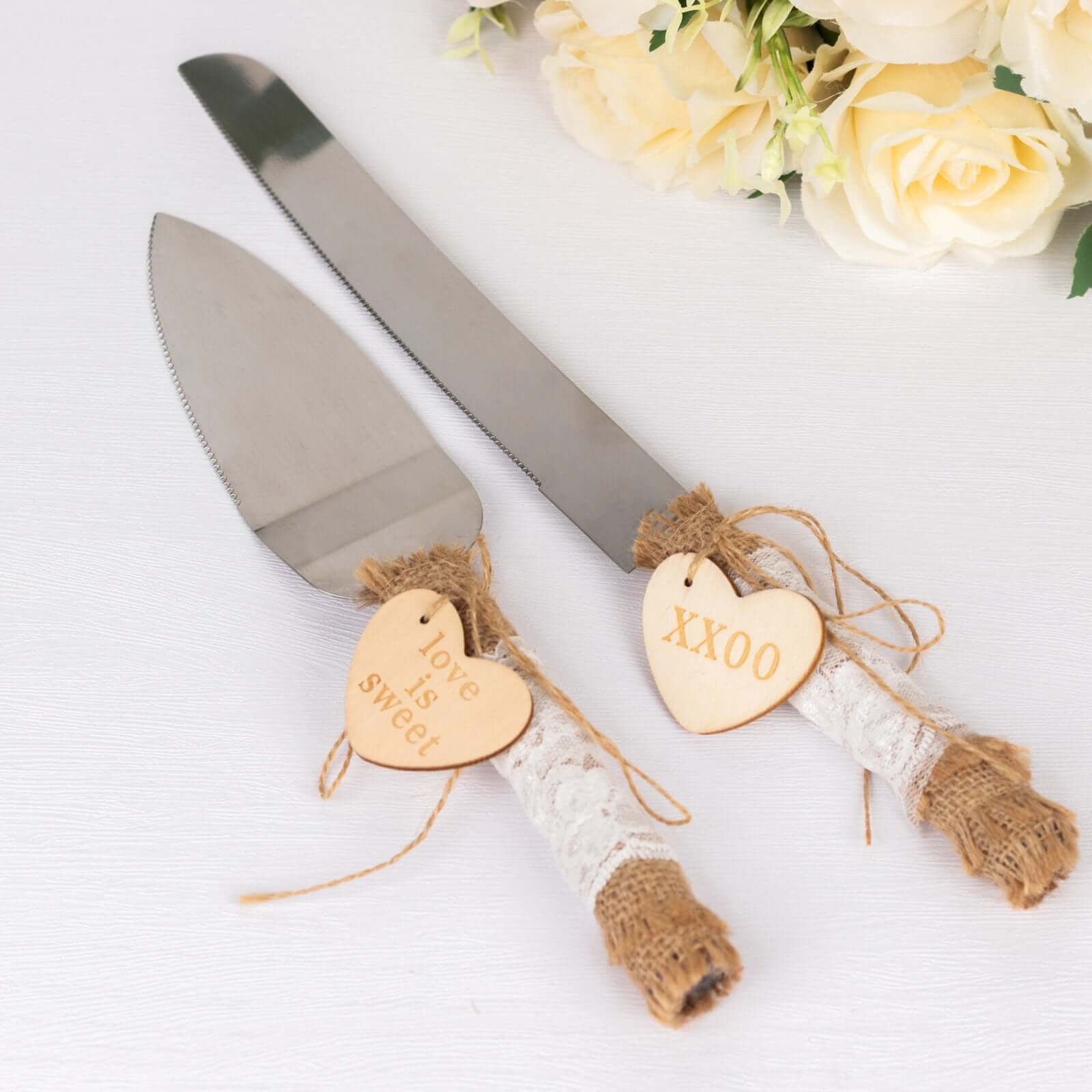 Wedding Cake Knife and Server Set Stainless Steel with Natural Rustic Jute Lace - Gift-Ready in White Box with Heart Tags - Image 8