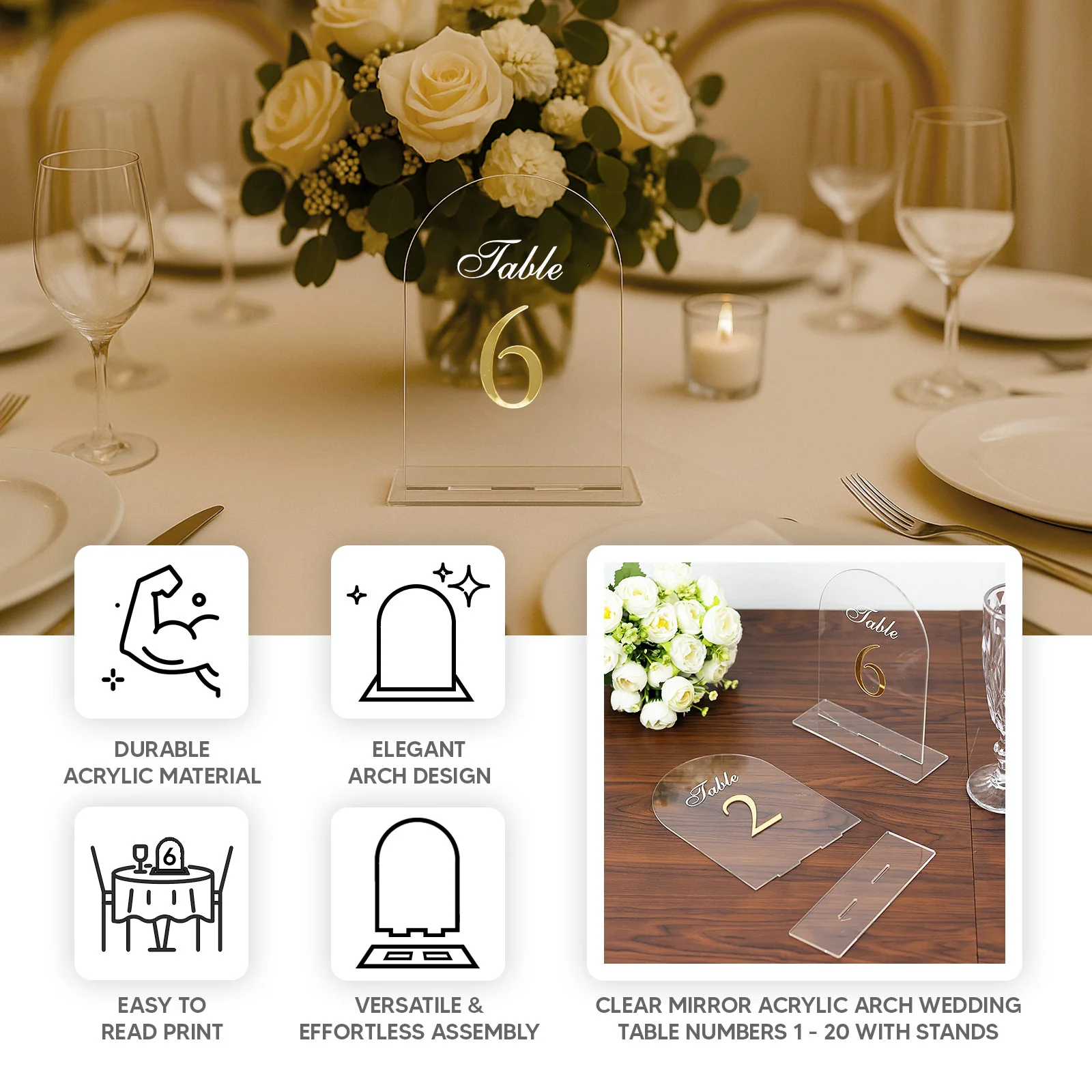 Wedding Table Numbers 1-10 – Clear Arch Acrylic with Gold Print & Stands for Elegant Receptions - 6"x7" - Image 3