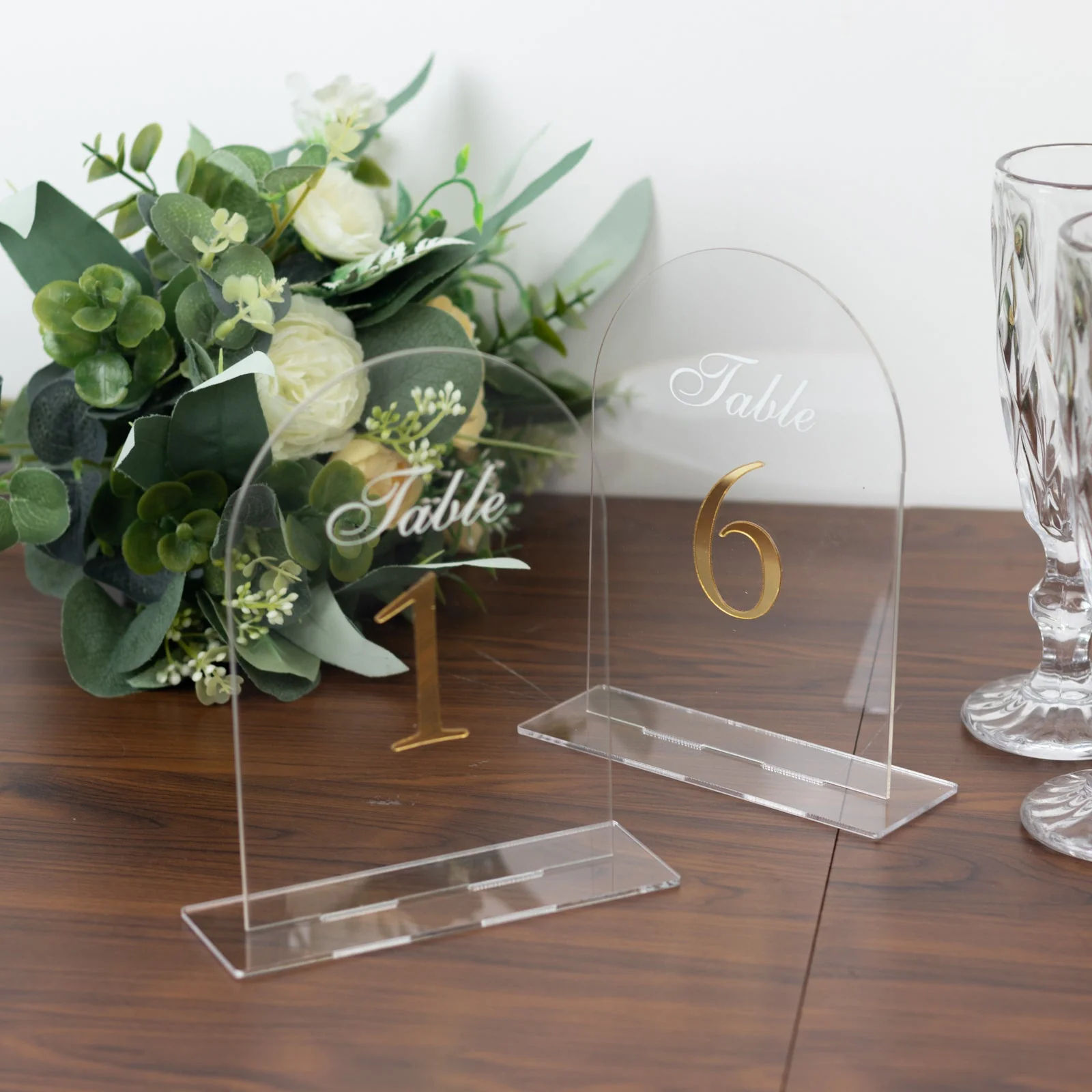 Wedding Table Numbers 1-10 – Clear Arch Acrylic with Gold Print & Stands for Elegant Receptions - 6"x7" - Image 4