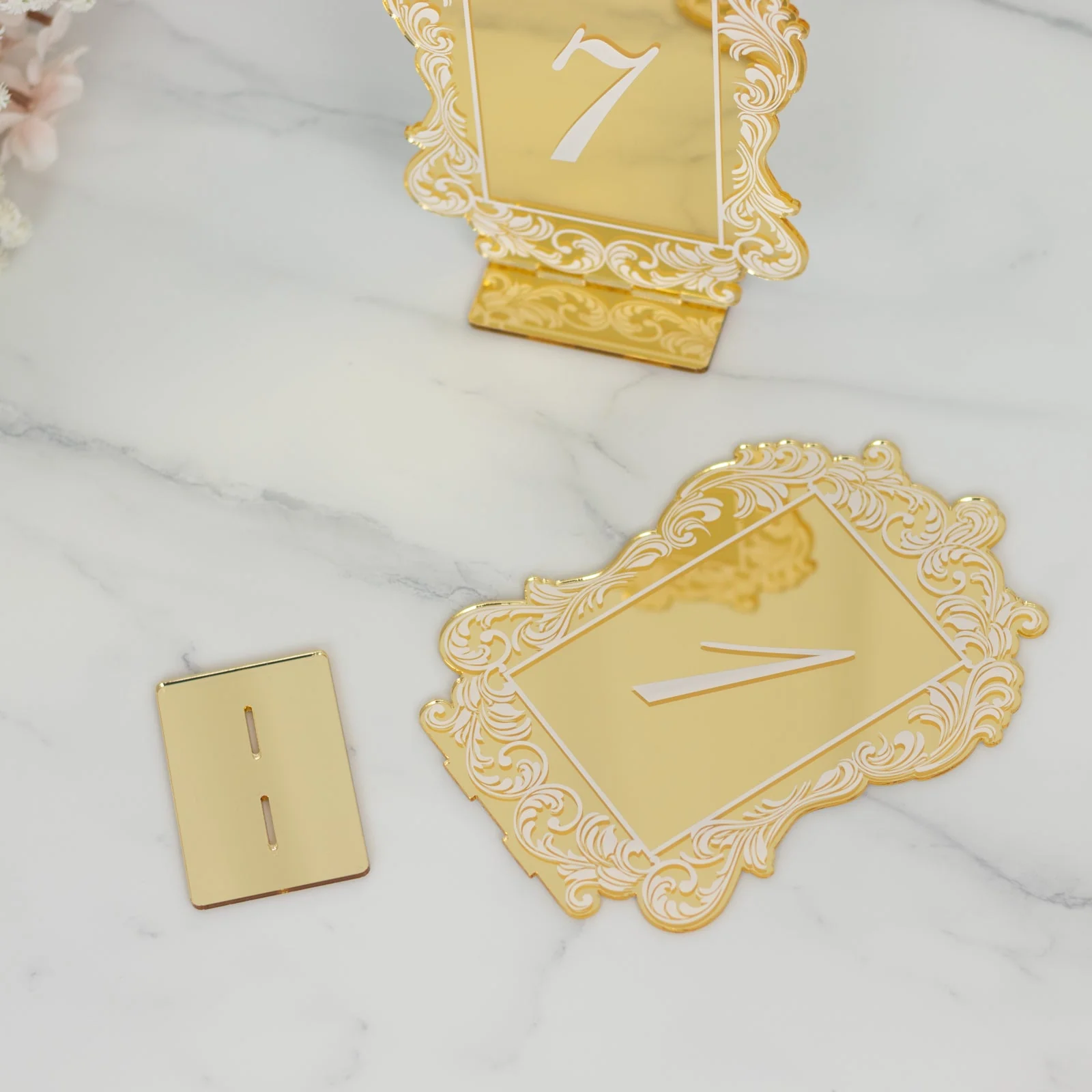 Wedding Table Numbers 1-10 – Gold Mirror Arch Acrylic with Baroque Lace Border, White Print & Stands for Elegant Receptions - 5"x7" - Image 4