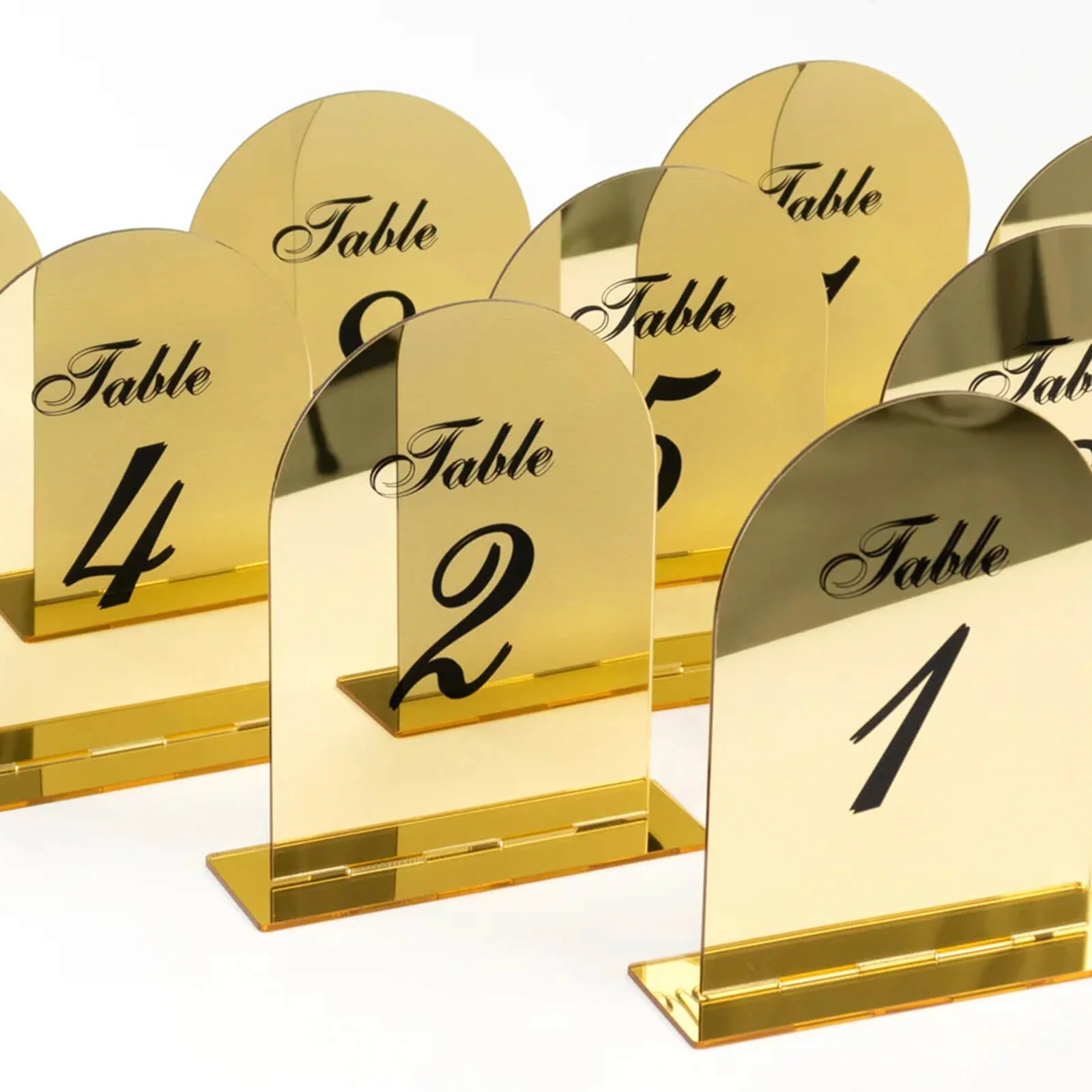 Wedding Table Numbers 1-10 – Gold Mirror Arch Acrylic with Black Print & Stands for Elegant Receptions - 6"x7" - Image 6