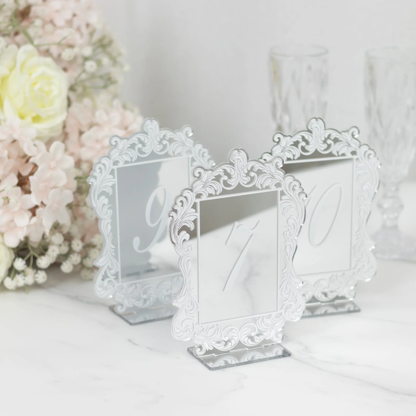 Wedding Table Numbers 1-10 – Silver Mirror Arch Acrylic with Baroque Lace Border, White Print & Stands for Elegant Receptions - 5"x7" - Image 3