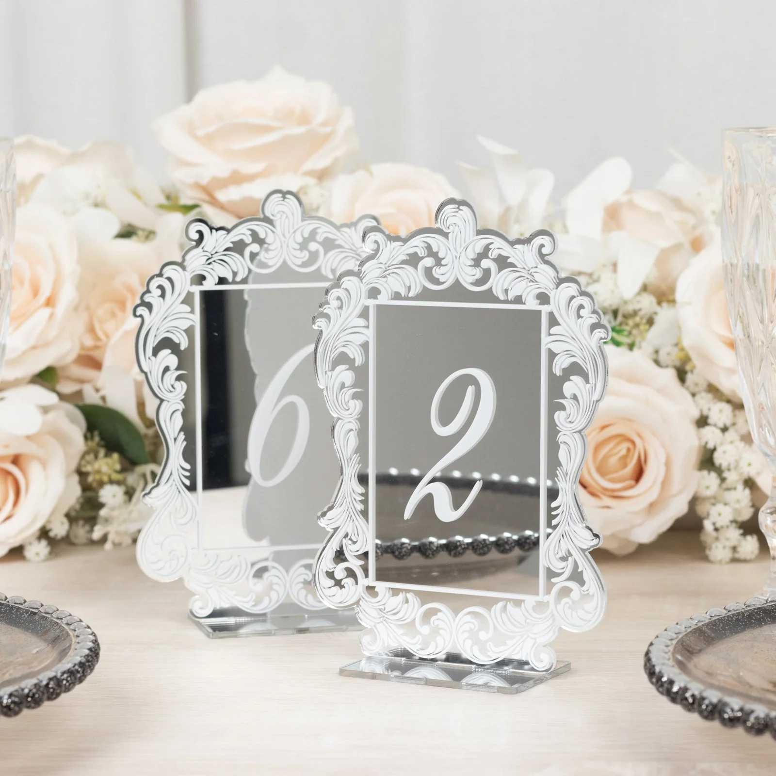 Wedding Table Numbers 1-10 – Silver Mirror Arch Acrylic with Baroque Lace Border, White Print & Stands for Elegant Receptions - 5"x7" - Image 4