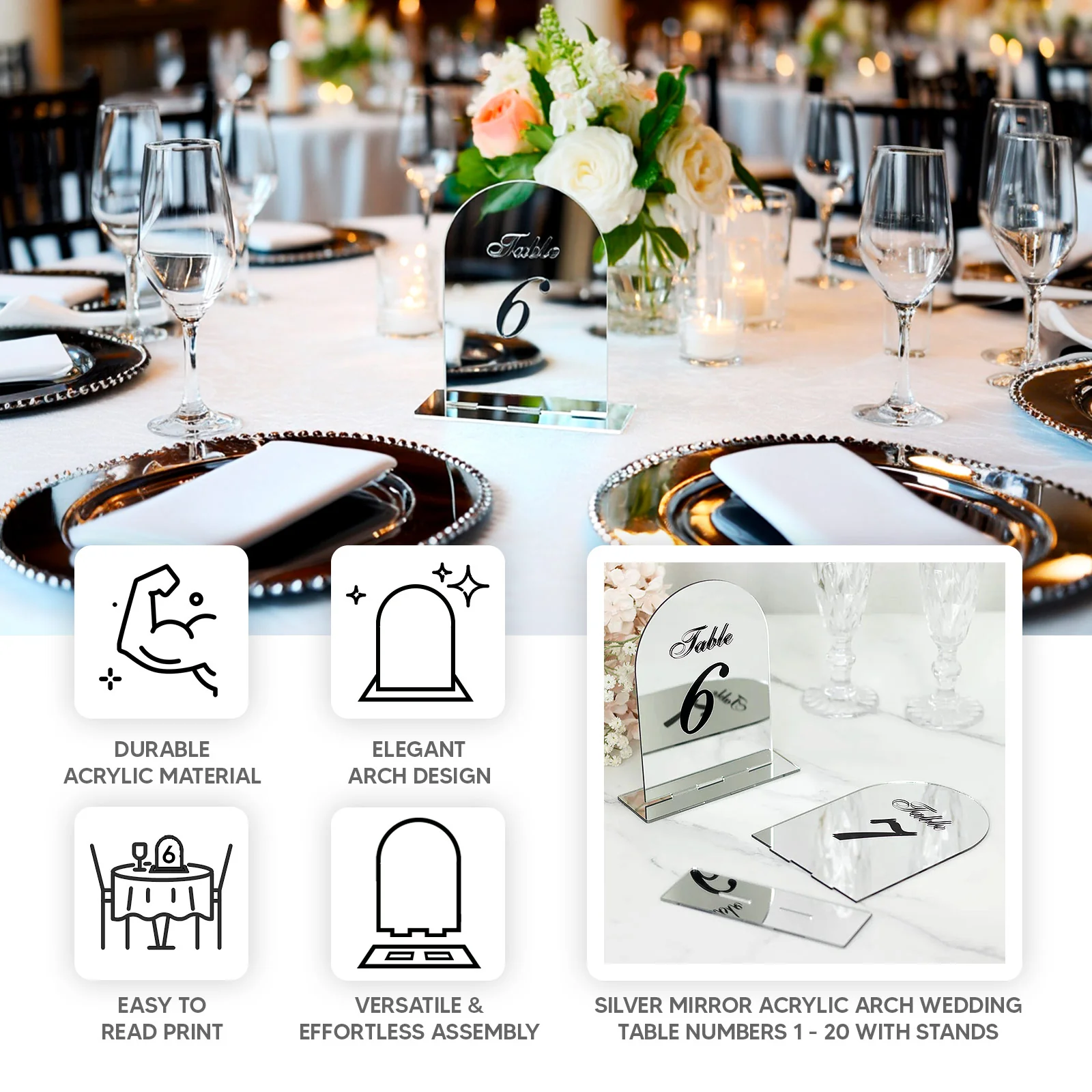 Wedding Table Numbers 1-10 – Silver Mirror Arch Acrylic with Black Print & Stands for Elegant Receptions - 6"x7" - Image 3