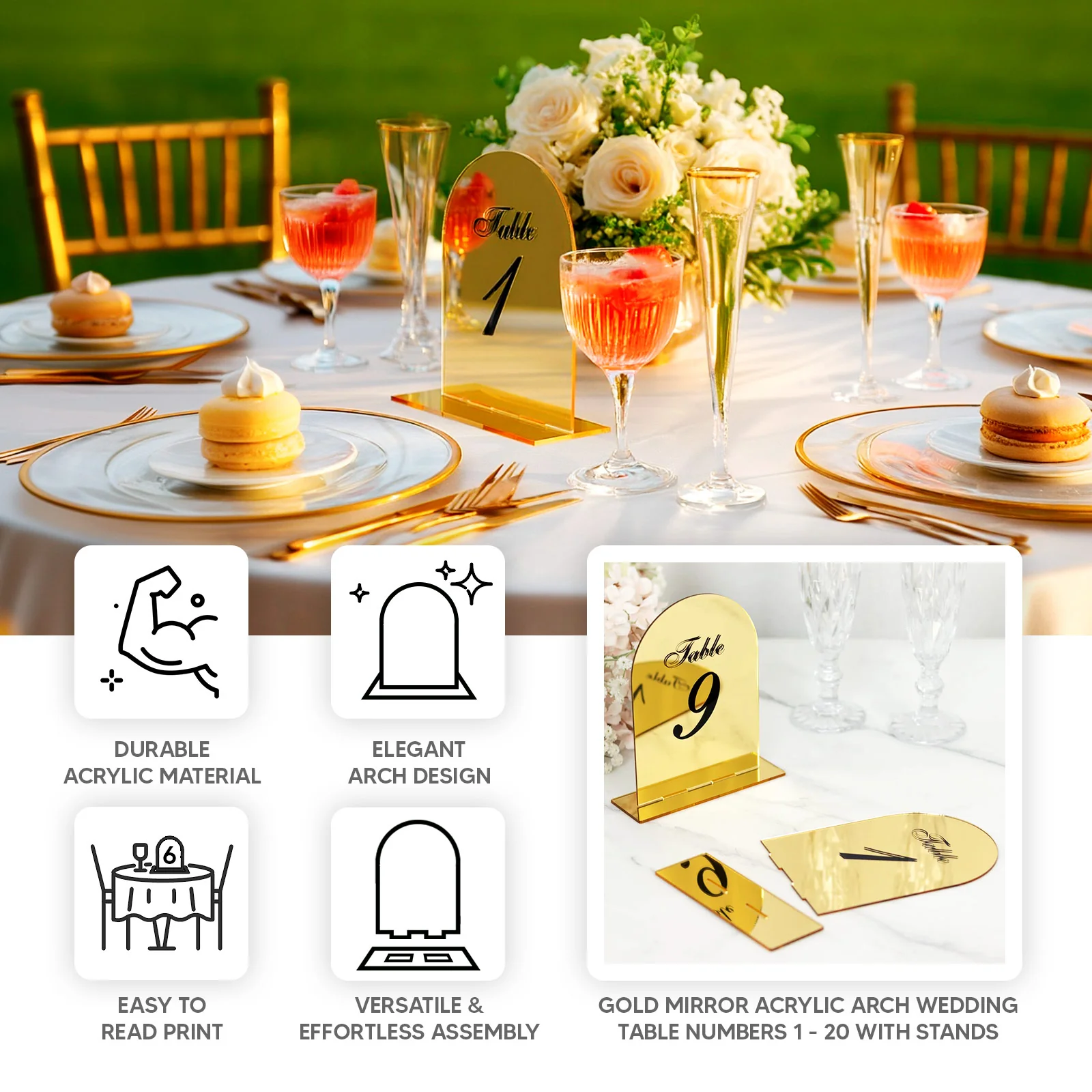 Wedding Table Numbers 11-20 – Gold Mirror Arch Acrylic with Black Print & Stands for Elegant Receptions - 6"x7" - Image 4