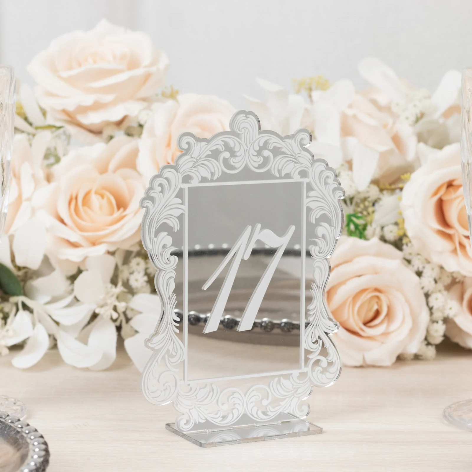 Wedding Table Numbers 11-20 – Silver Mirror Arch Acrylic with Baroque Lace Border, White Print & Stands for Elegant Receptions - 5"x7" - Image 4