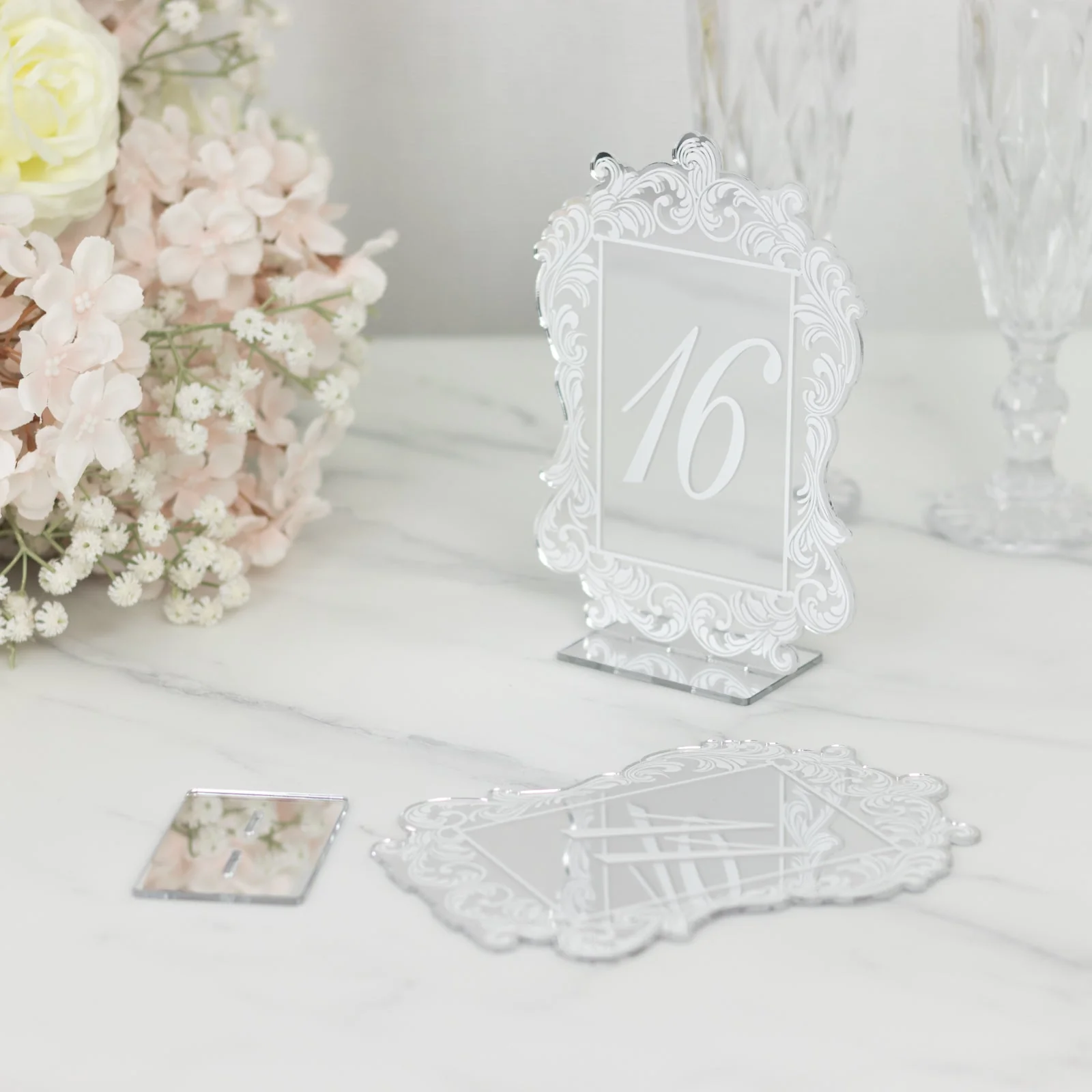 Wedding Table Numbers 11-20 – Silver Mirror Arch Acrylic with Baroque Lace Border, White Print & Stands for Elegant Receptions - 5"x7" - Image 5