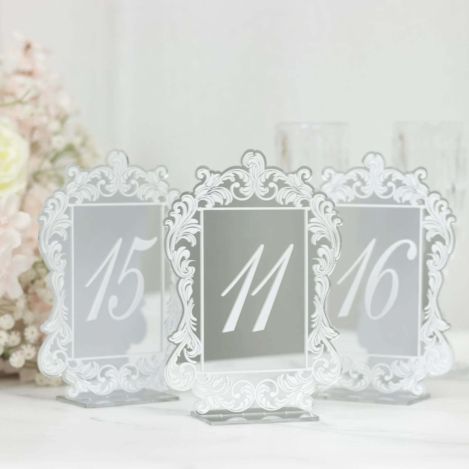 Wedding Table Numbers 11-20 – Silver Mirror Arch Acrylic with Baroque Lace Border, White Print & Stands for Elegant Receptions - 5"x7" - Image 7