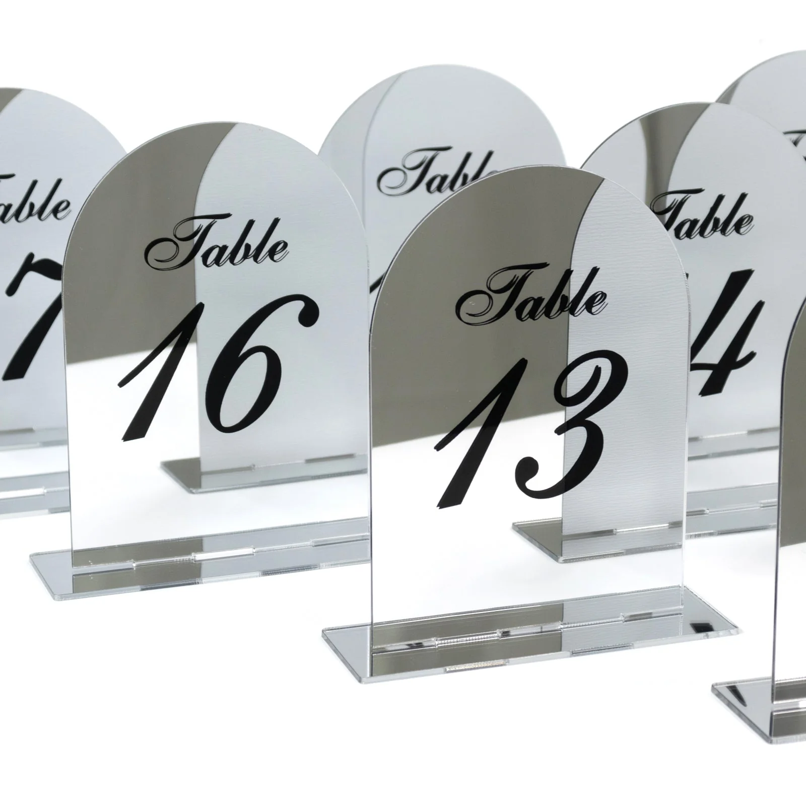 Wedding Table Numbers 11-20 – Silver Mirror Arch Acrylic with Black Print & Stands for Elegant Receptions - 6"x7" - Image 2