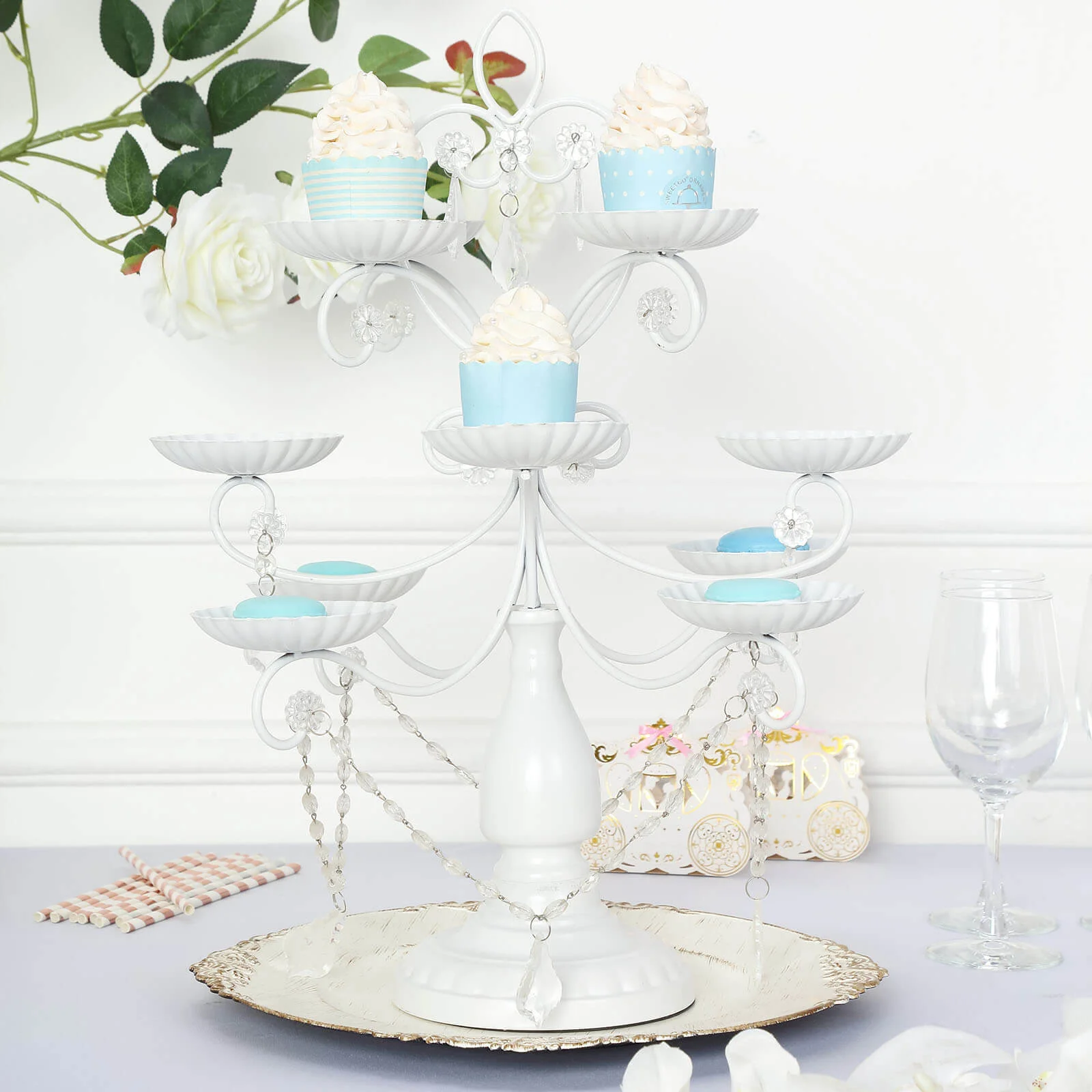 Metal Candle Holder 20" 12-Arm Multipurpose Design White with Acrylic Crystals - Cupcake Display Stand - Image 10