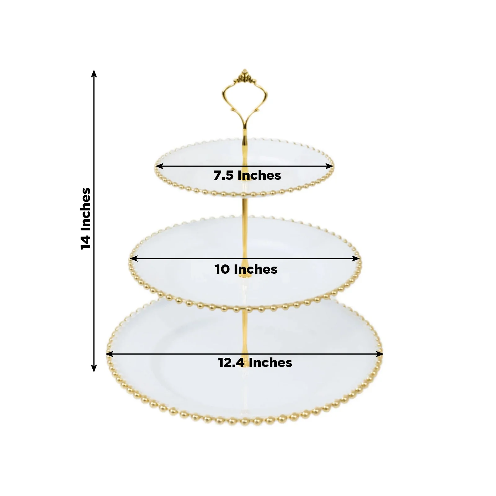 White 3-Tier Round Plastic Cupcake Tower Stand with Gold Beaded Rim, Dessert Display Tea Party Serving Platter With Top Handle - 14" - Image 3