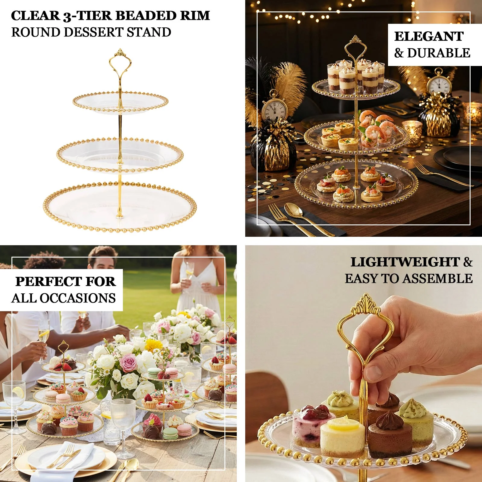 White 3-Tier Round Plastic Cupcake Tower Stand with Gold Beaded Rim, Dessert Display Tea Party Serving Platter With Top Handle - 14" - Image 4