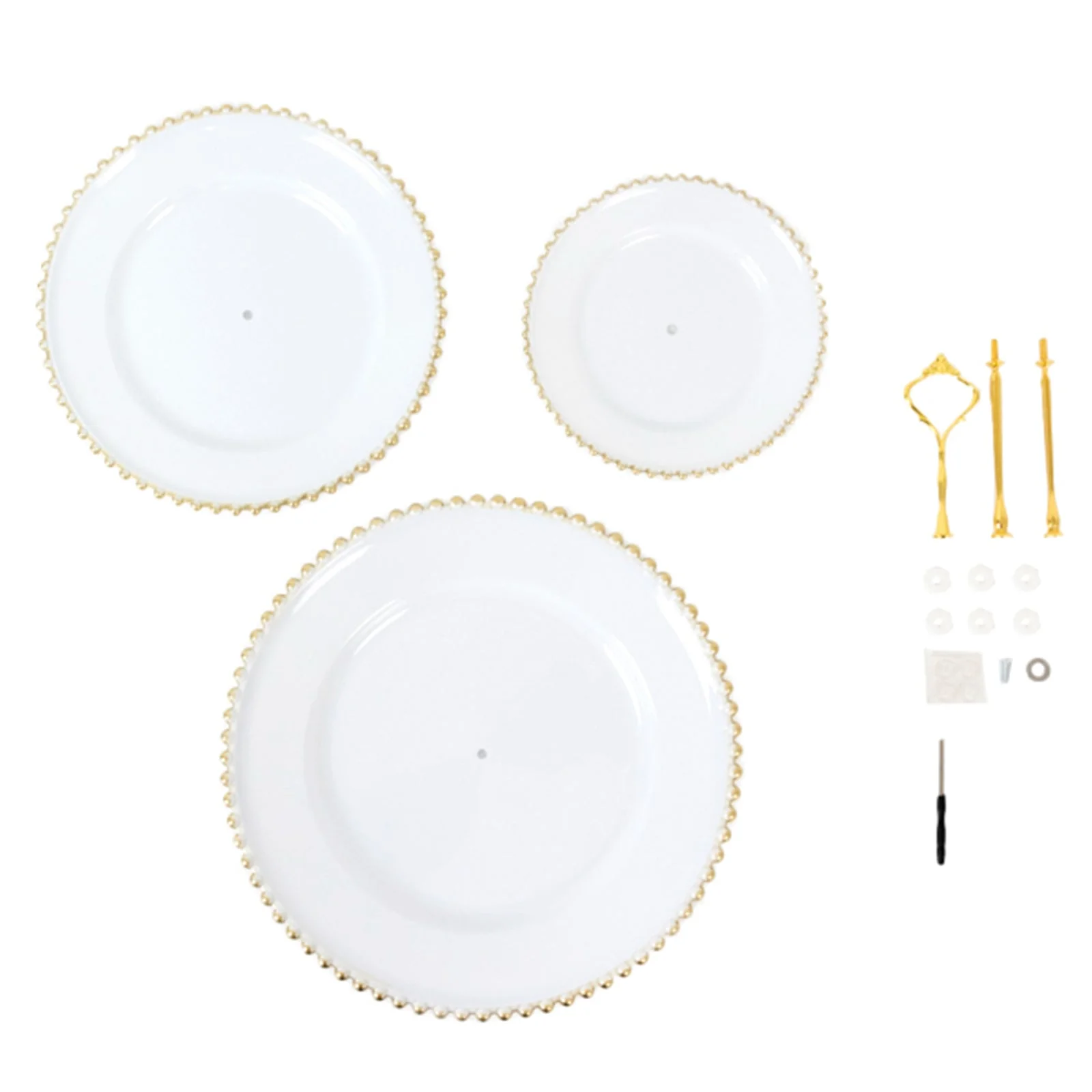 White 3-Tier Round Plastic Cupcake Tower Stand with Gold Beaded Rim, Dessert Display Tea Party Serving Platter With Top Handle - 14" - Image 9