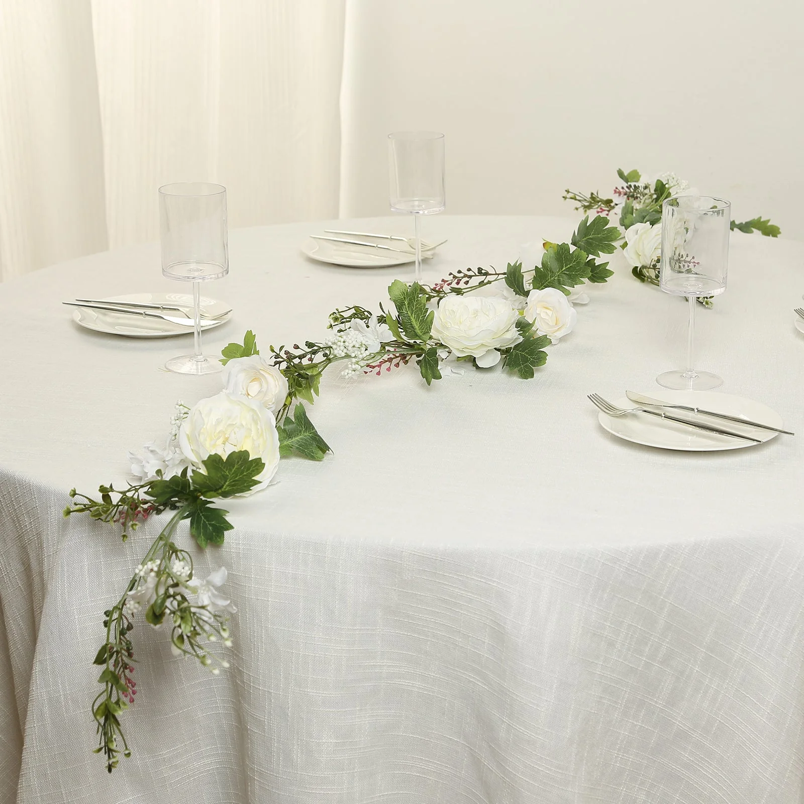 White Artificial Rose Peony Flower Garland, Mixed Floral Greenery Garland Silk Hanging Vine - 6ft - Image 6