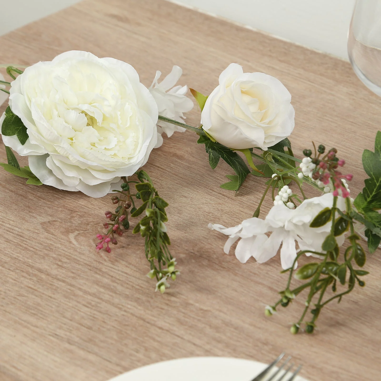 White Artificial Rose Peony Flower Garland, Mixed Floral Greenery Garland Silk Hanging Vine - 6ft - Image 8