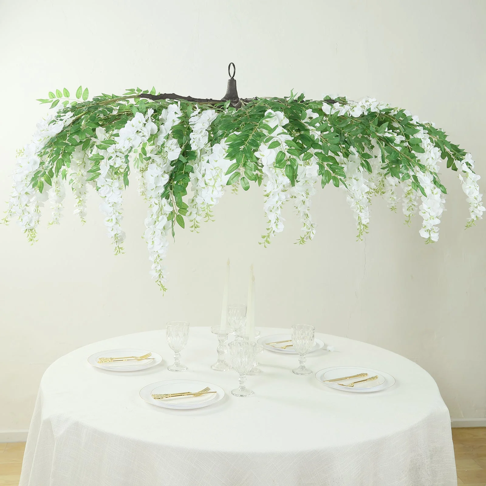 White Artificial Silk Wisteria Vine Round Hanging Canopy, Draping Garland Flower Chandelier With Interchangeable Branches 55" - Image 3