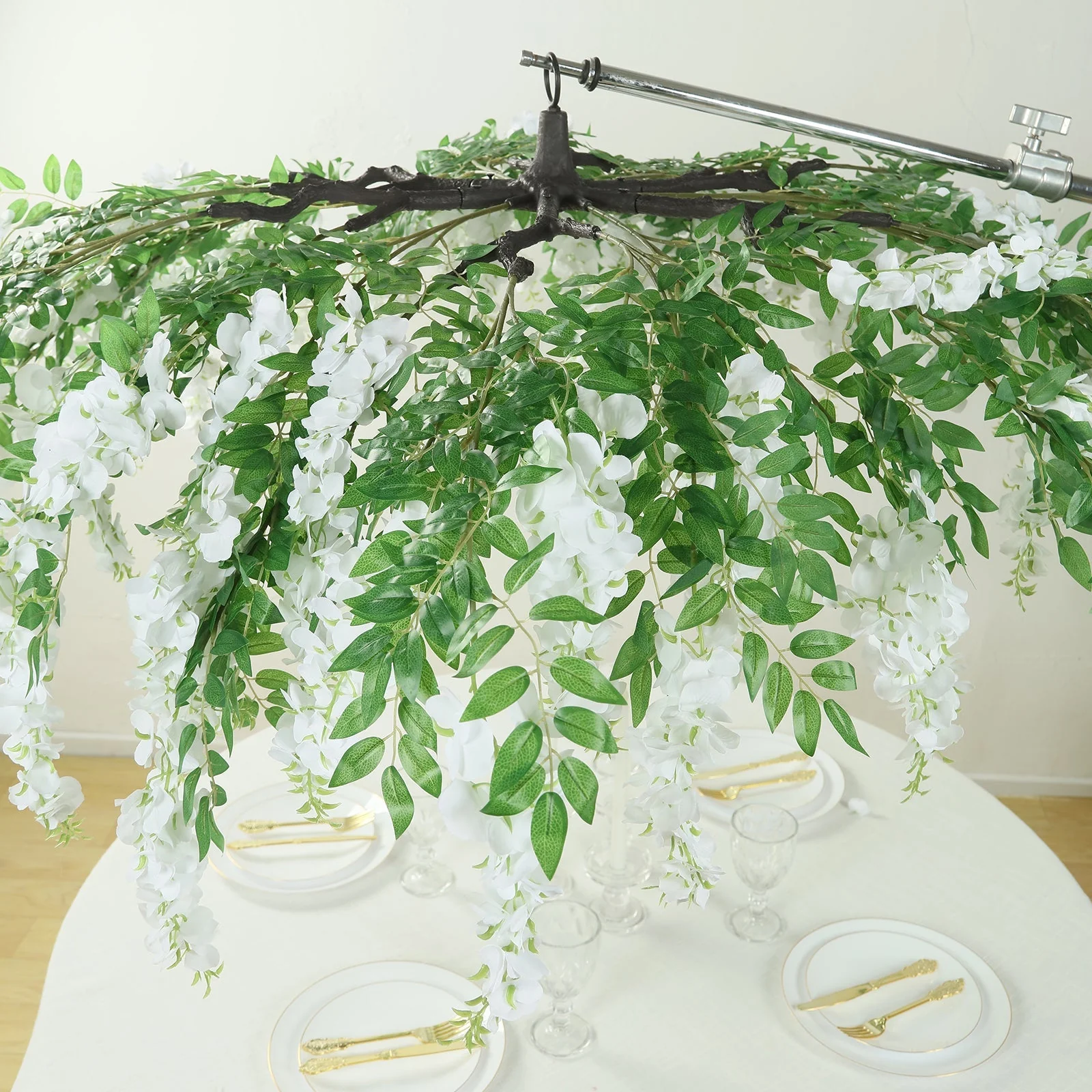 White Artificial Silk Wisteria Vine Round Hanging Canopy, Draping Garland Flower Chandelier With Interchangeable Branches 55" - Image 4