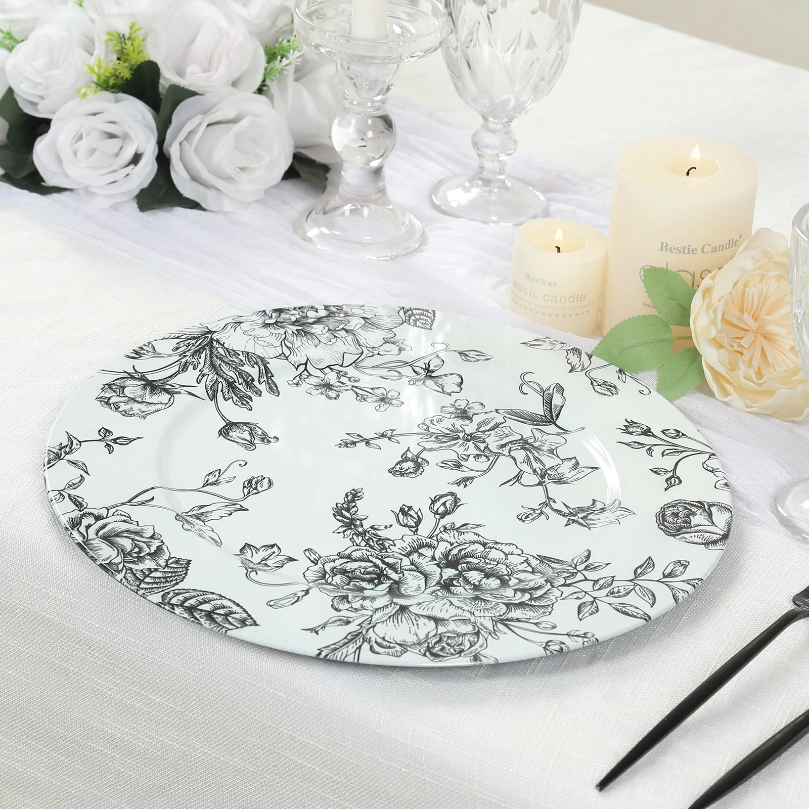 6-Pack Acrylic Charger Plates 13" Round White with Black Floral French Toile Pattern - Decorative Dinner Party Charger Tableware - Image 7