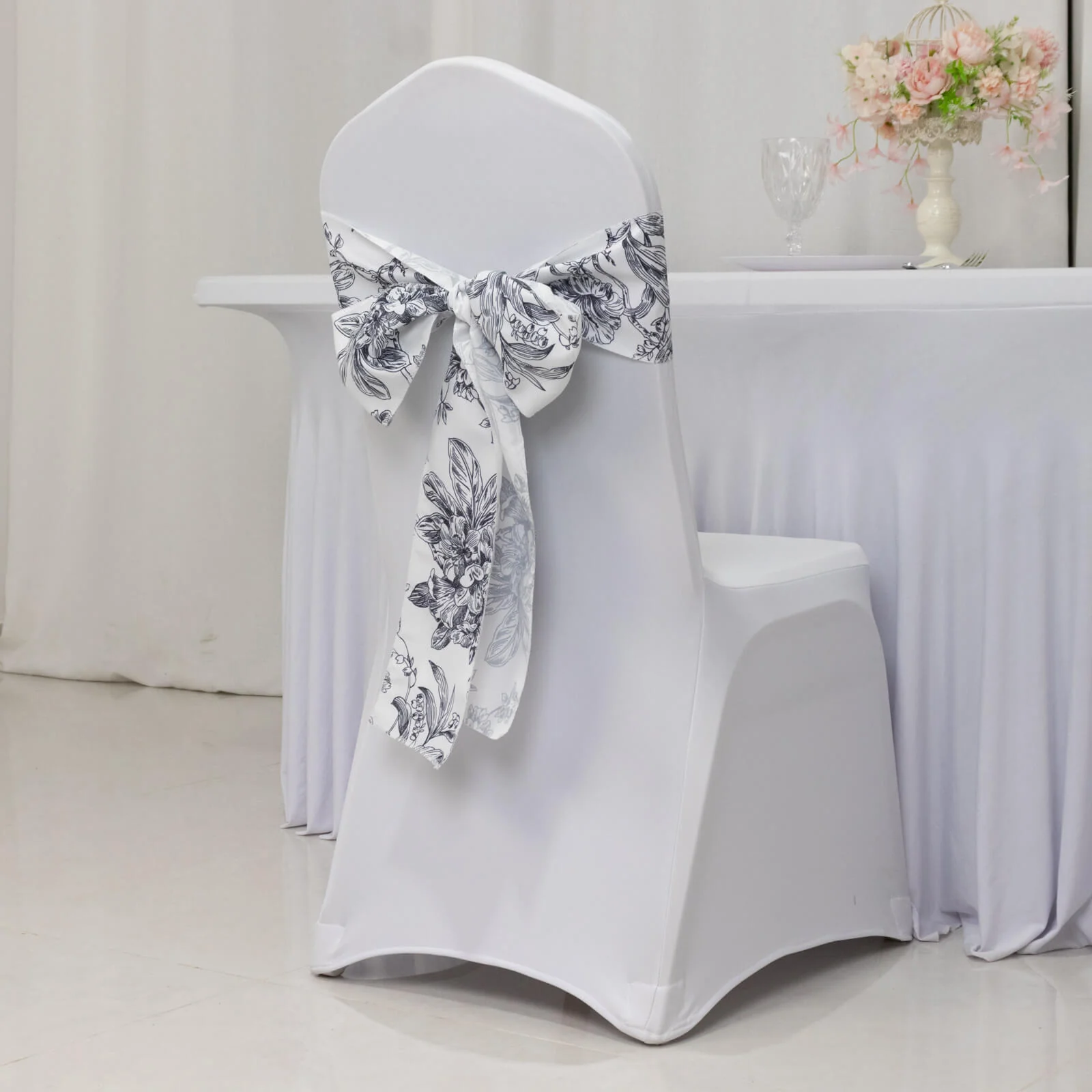 Polyester Chair Sashes 6"x108" White Black French Toile Floral Design - Durable & Reusable Chair Bows - Image 2