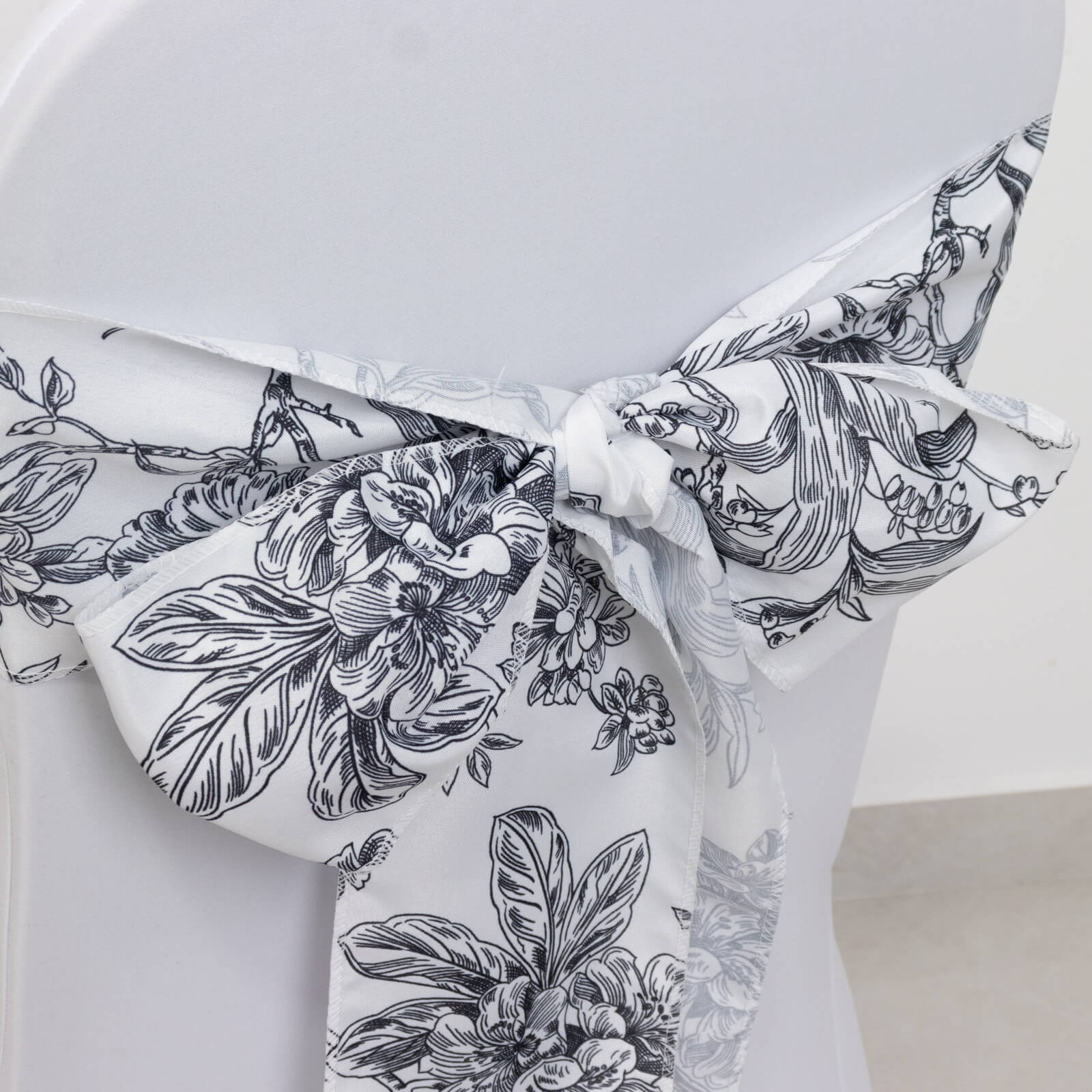Polyester Chair Sashes 6"x108" White Black French Toile Floral Design - Durable & Reusable Chair Bows - Image 4