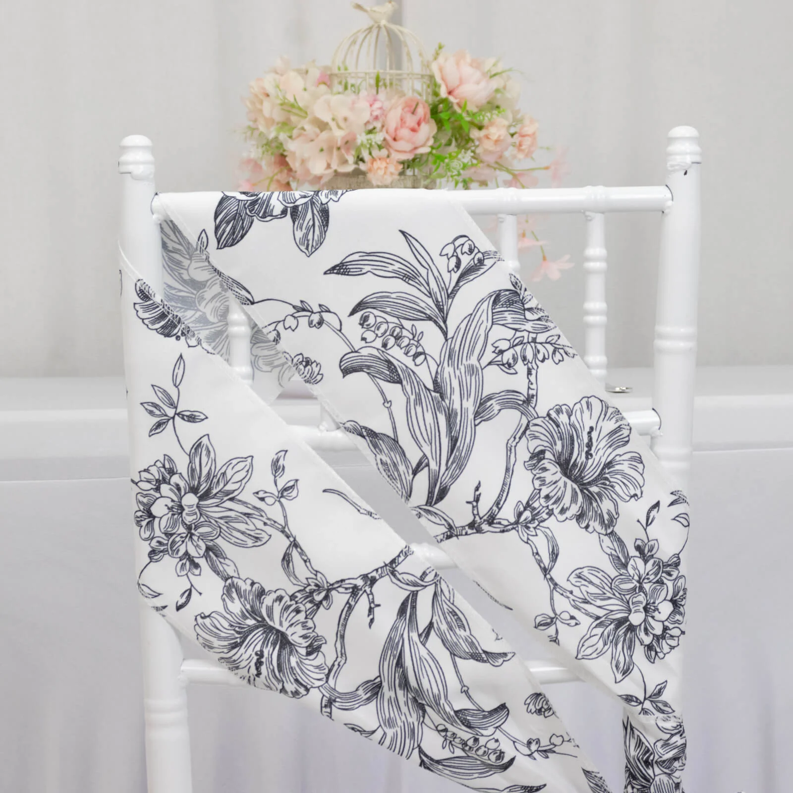 Polyester Chair Sashes 6"x108" White Black French Toile Floral Design - Durable & Reusable Chair Bows - Image 5