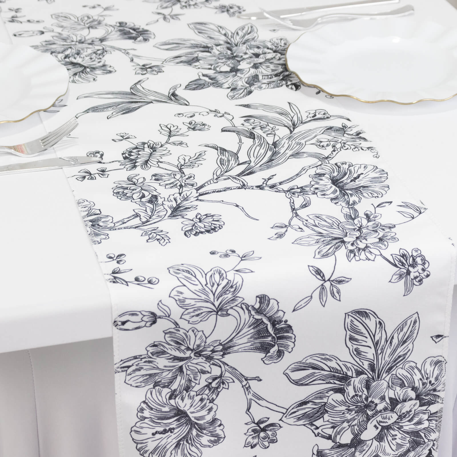 Polyester Table Runner 12"x108" White with Black French Toile Floral Print - Exquisite Reusable Table Décor - Image 3