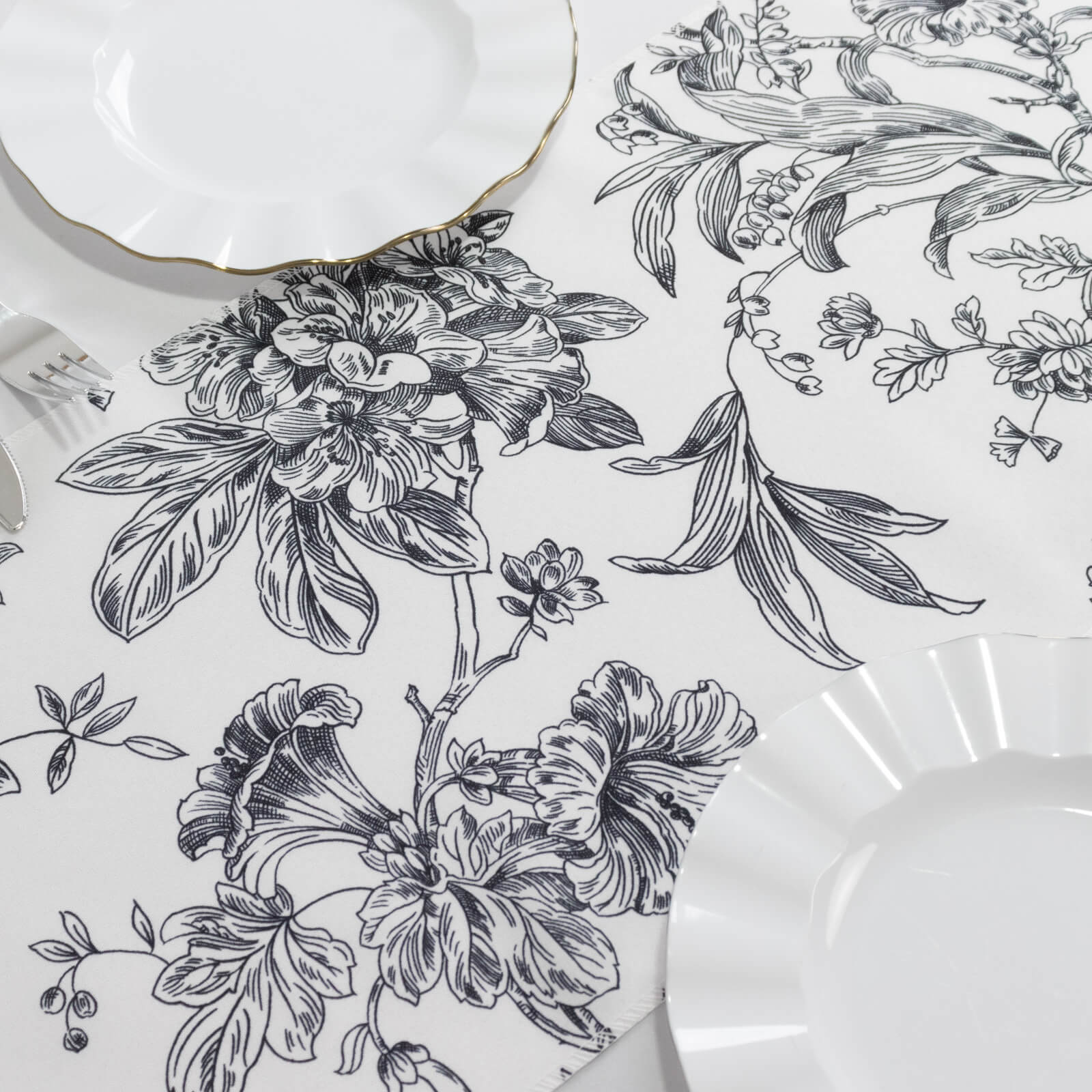 Polyester Table Runner 12"x108" White with Black French Toile Floral Print - Exquisite Reusable Table Décor - Image 7