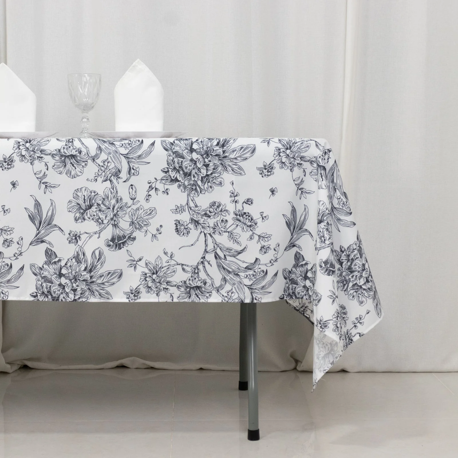 Polyester Rectangular Tablecloth 60"x102" White with Black French Toile Pattern - Sophisticated Table Cover for Chic Weddings & Events - Image 2