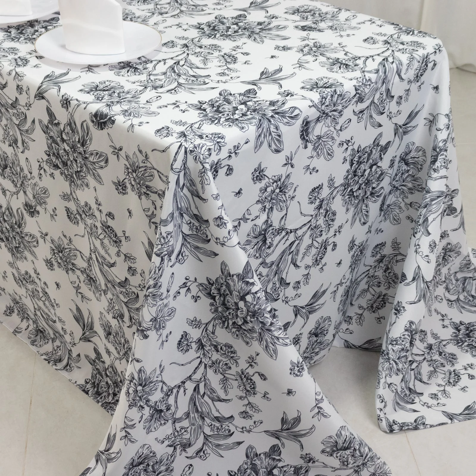 Polyester Rectangular Tablecloth 90"x132" White with Black French Toile Pattern - Sophisticated Seamless Table Cover for Chic Weddings & Events - Image 5
