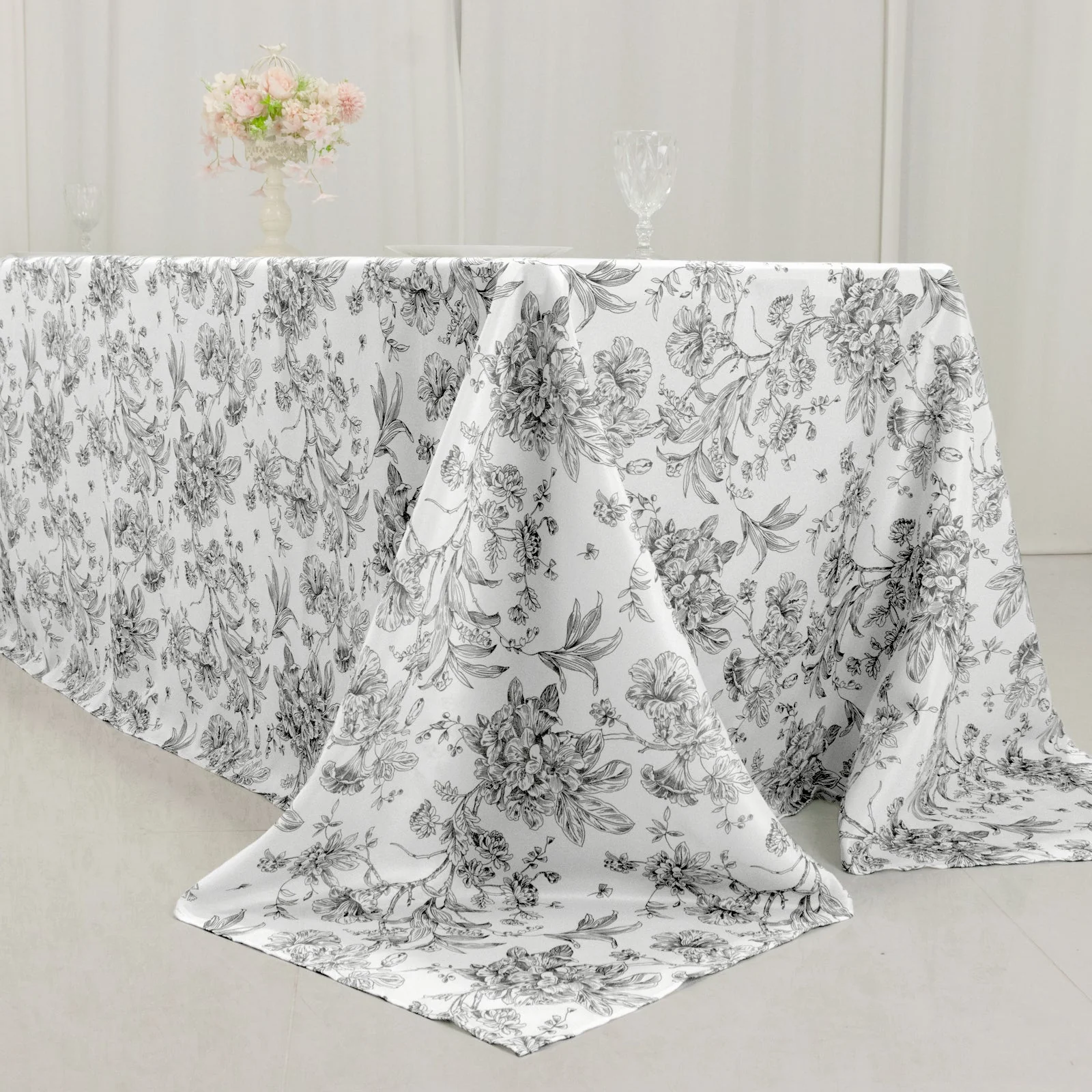 Polyester Rectangular Tablecloth 90"x156" White with Black French Toile Pattern - Sophisticated Seamless Table Cover for Chic Weddings & Events - Image 9