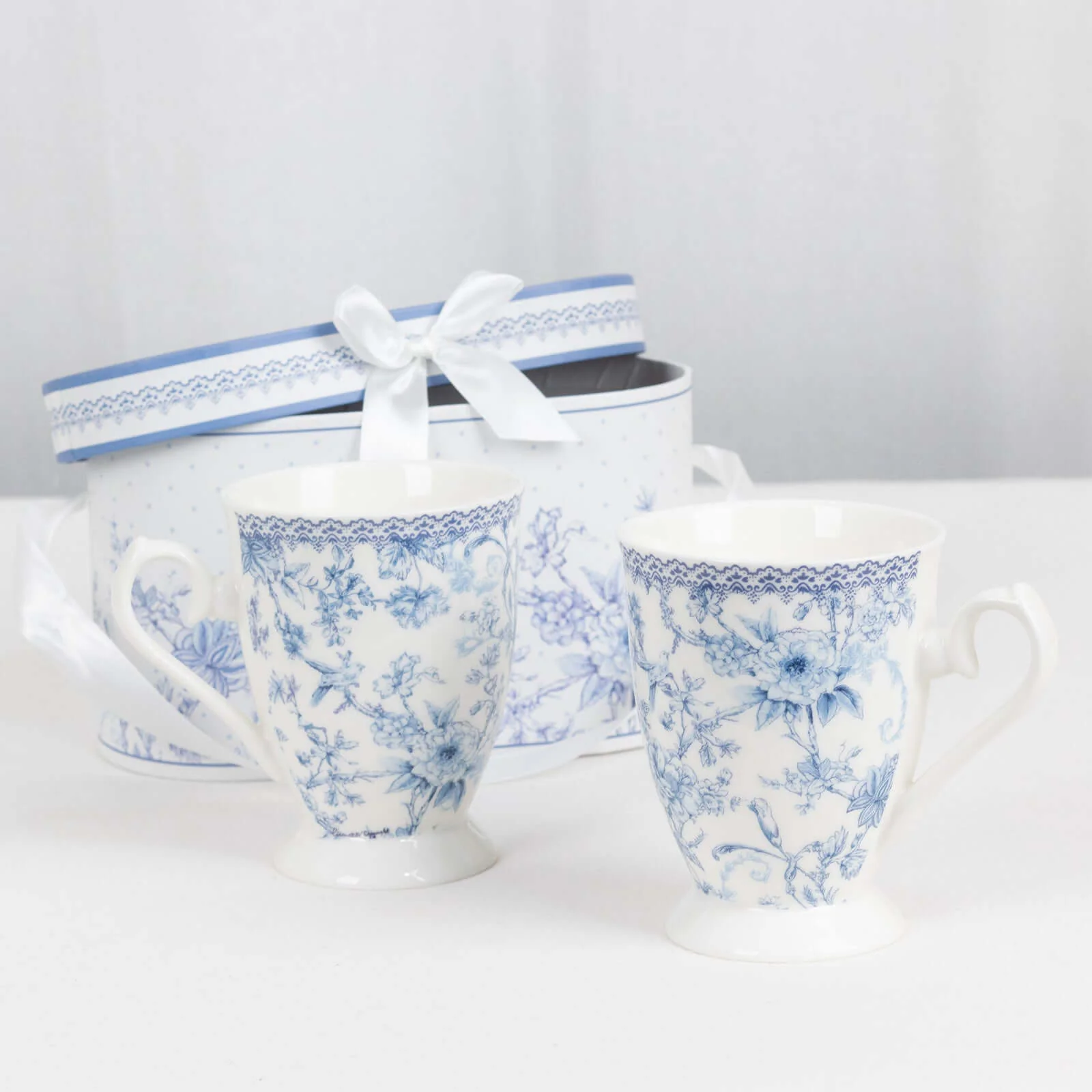 White Blue French Toile Bridal Shower Gift Set, 2 Pack Porcelain Coffee Mugs With Matching Keepsake Gift Box and Satin Ribbon Handle