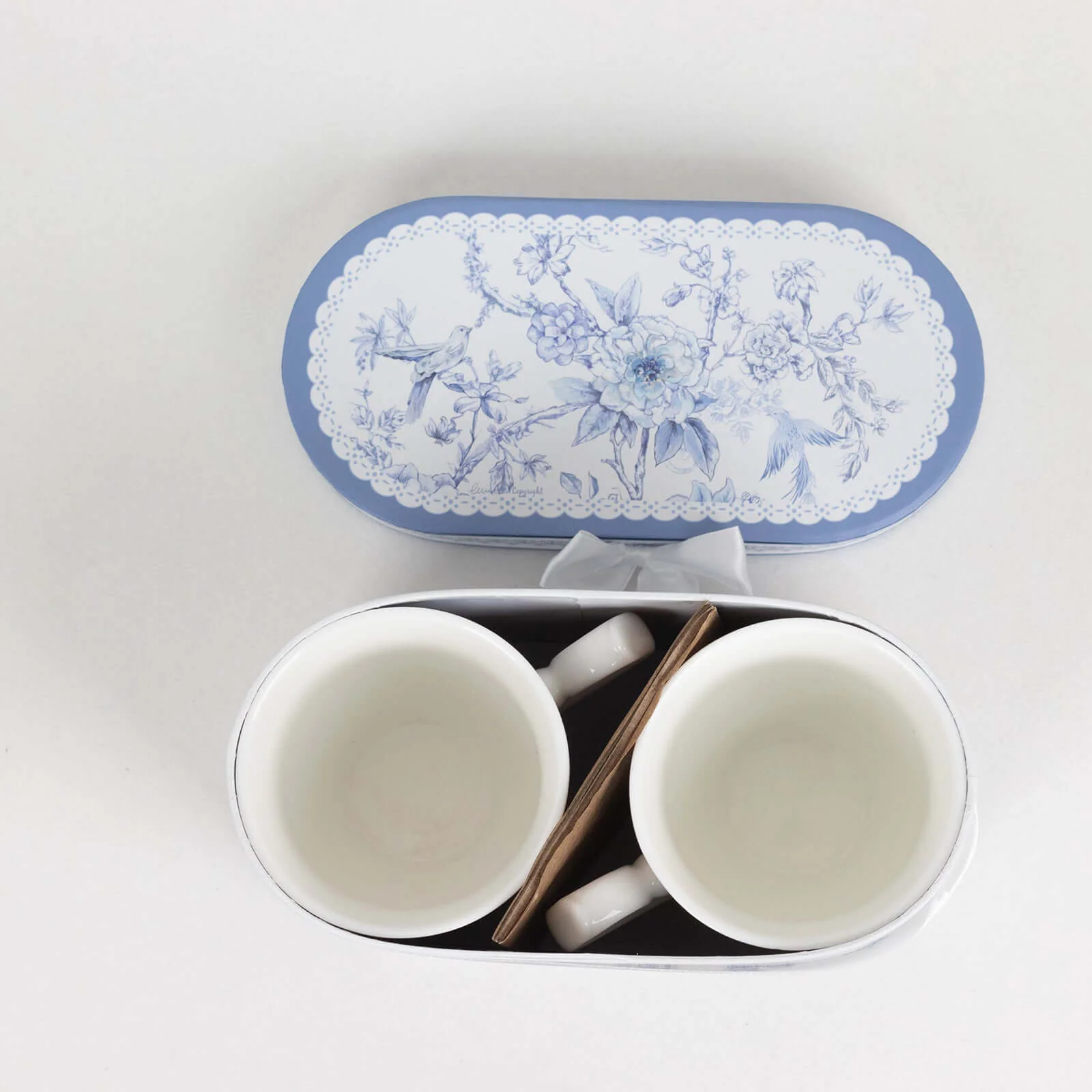 White Blue French Toile Bridal Shower Gift Set, 2 Pack Porcelain Coffee Mugs With Matching Keepsake Gift Box and Satin Ribbon Handle - Image 13