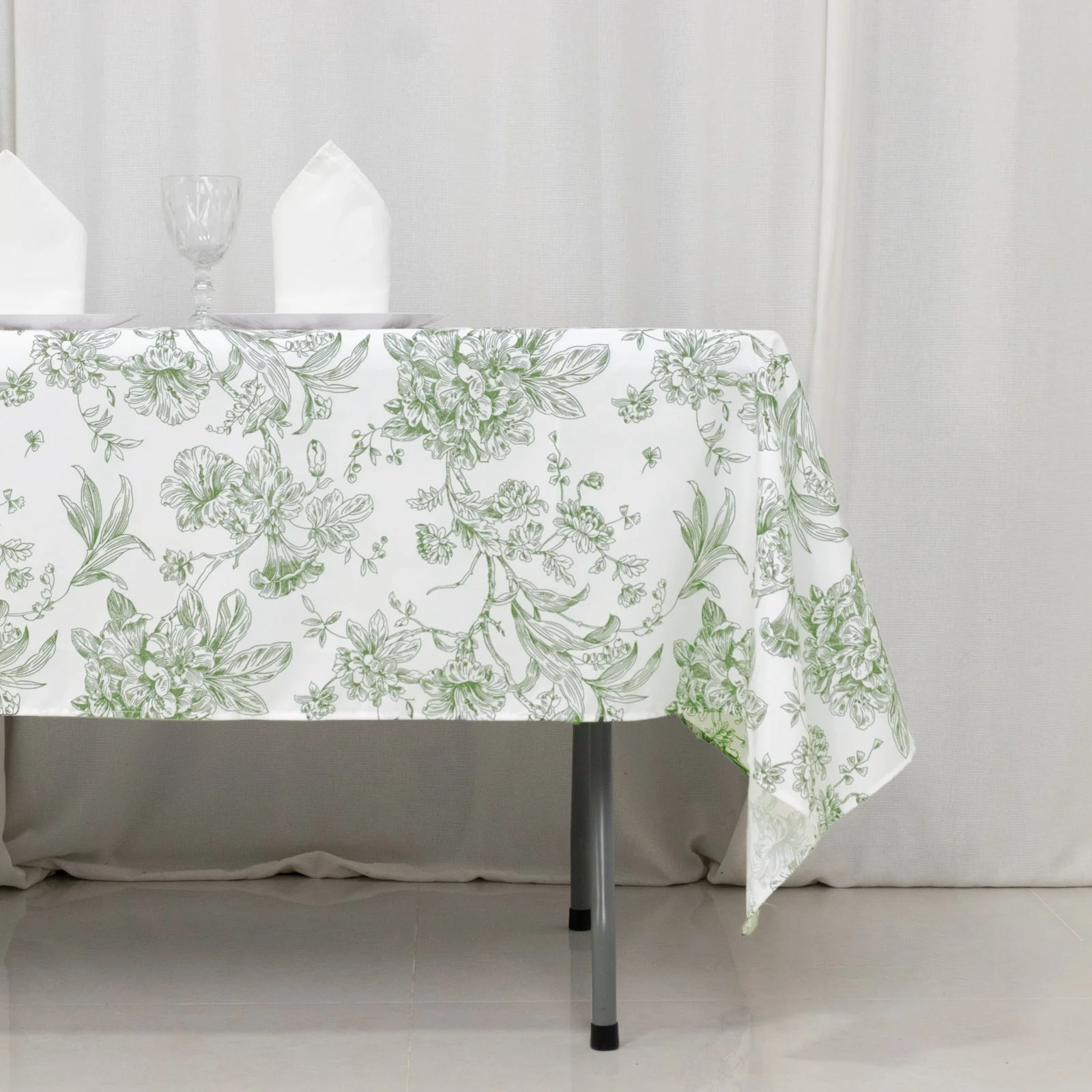 Polyester Rectangular Tablecloth 60"x102" White with Dusty Sage Green French Toile Pattern - Sophisticated Table Cover for Chic Weddings & Events - Image 2