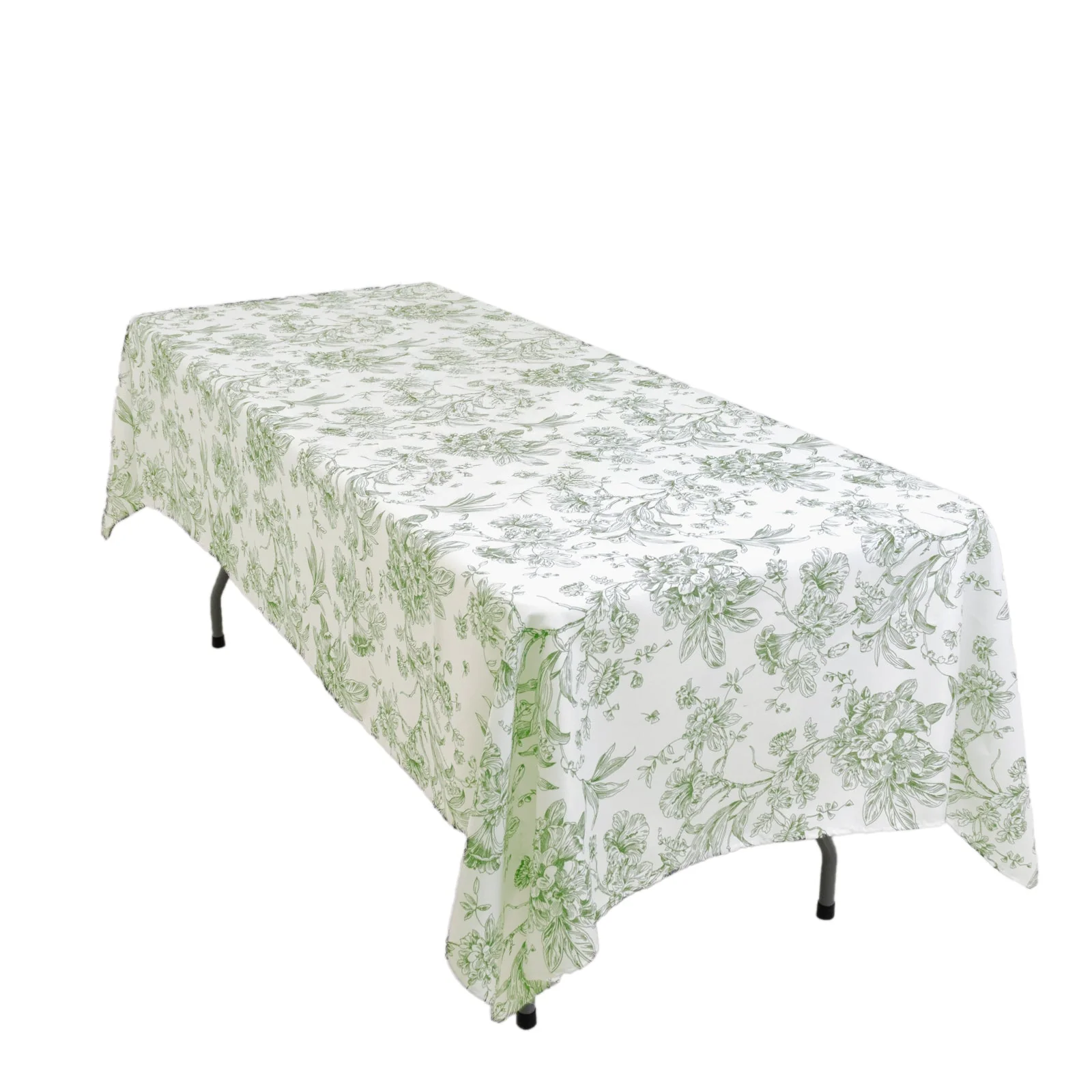 Polyester Rectangular Tablecloth 60"x102" White with Dusty Sage Green French Toile Pattern - Sophisticated Table Cover for Chic Weddings & Events - Image 3