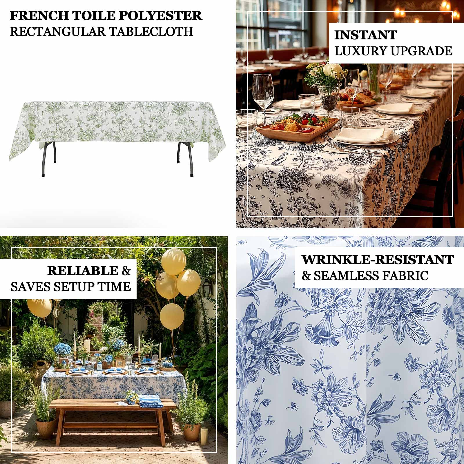 Polyester Rectangular Tablecloth 60"x102" White with Dusty Sage Green French Toile Pattern - Sophisticated Table Cover for Chic Weddings & Events - Image 4