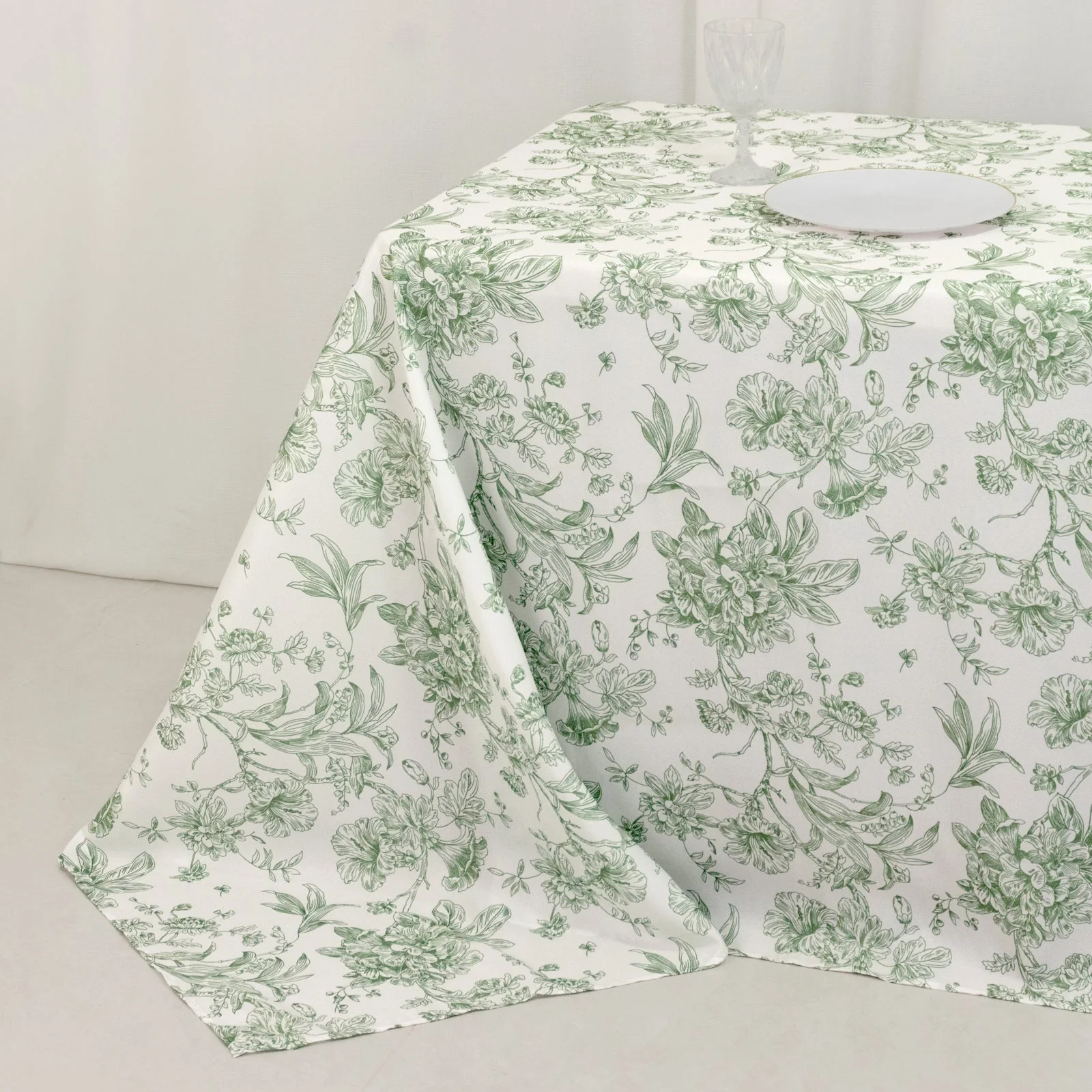 Polyester Rectangular Tablecloth 90"x156" White with Dusty Sage Green French Toile Pattern - Sophisticated Seamless Table Cover for Chic Weddings & Events - Image 2