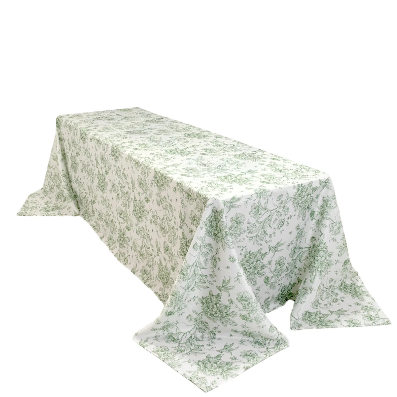 Polyester Rectangular Tablecloth 90"x156" White with Dusty Sage Green French Toile Pattern - Sophisticated Seamless Table Cover for Chic Weddings & Events - Image 3