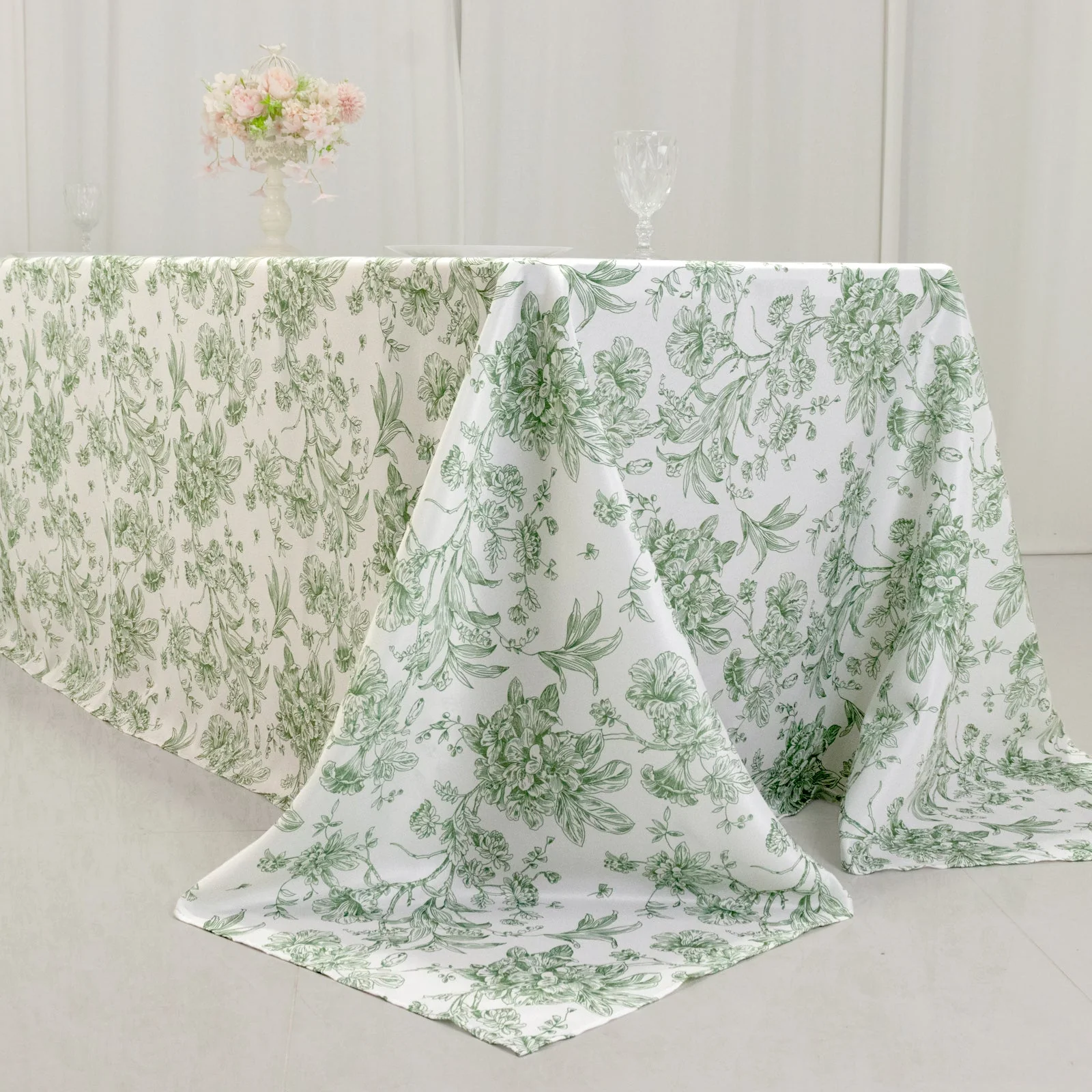 Polyester Rectangular Tablecloth 90"x156" White with Dusty Sage Green French Toile Pattern - Sophisticated Seamless Table Cover for Chic Weddings & Events - Image 9