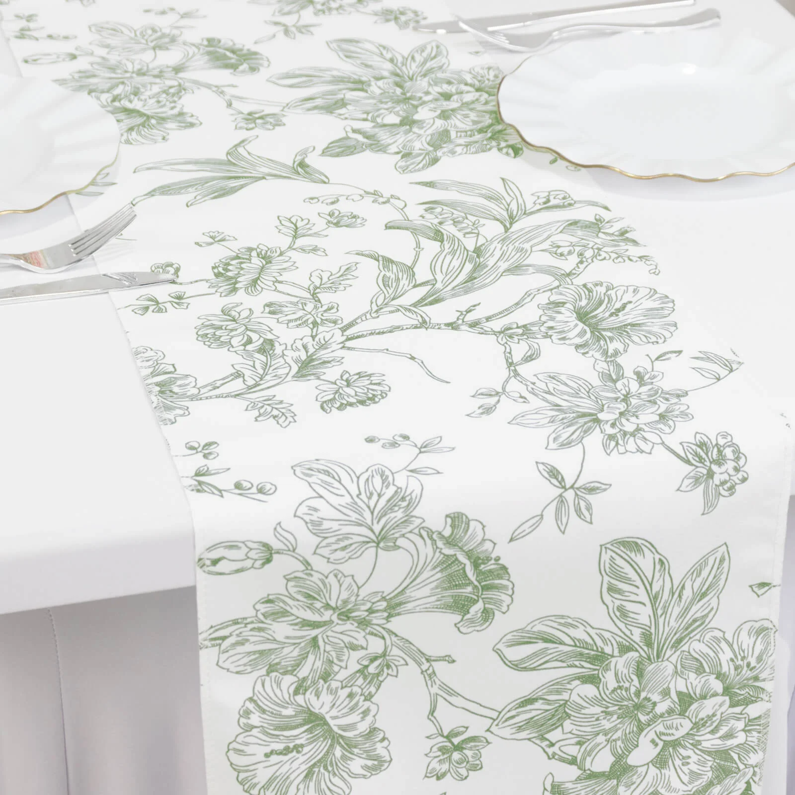 Polyester Table Runner 12"x108" White with Dusty Sage Green French Toile Floral Print - Exquisite Reusable Table Décor - Image 3