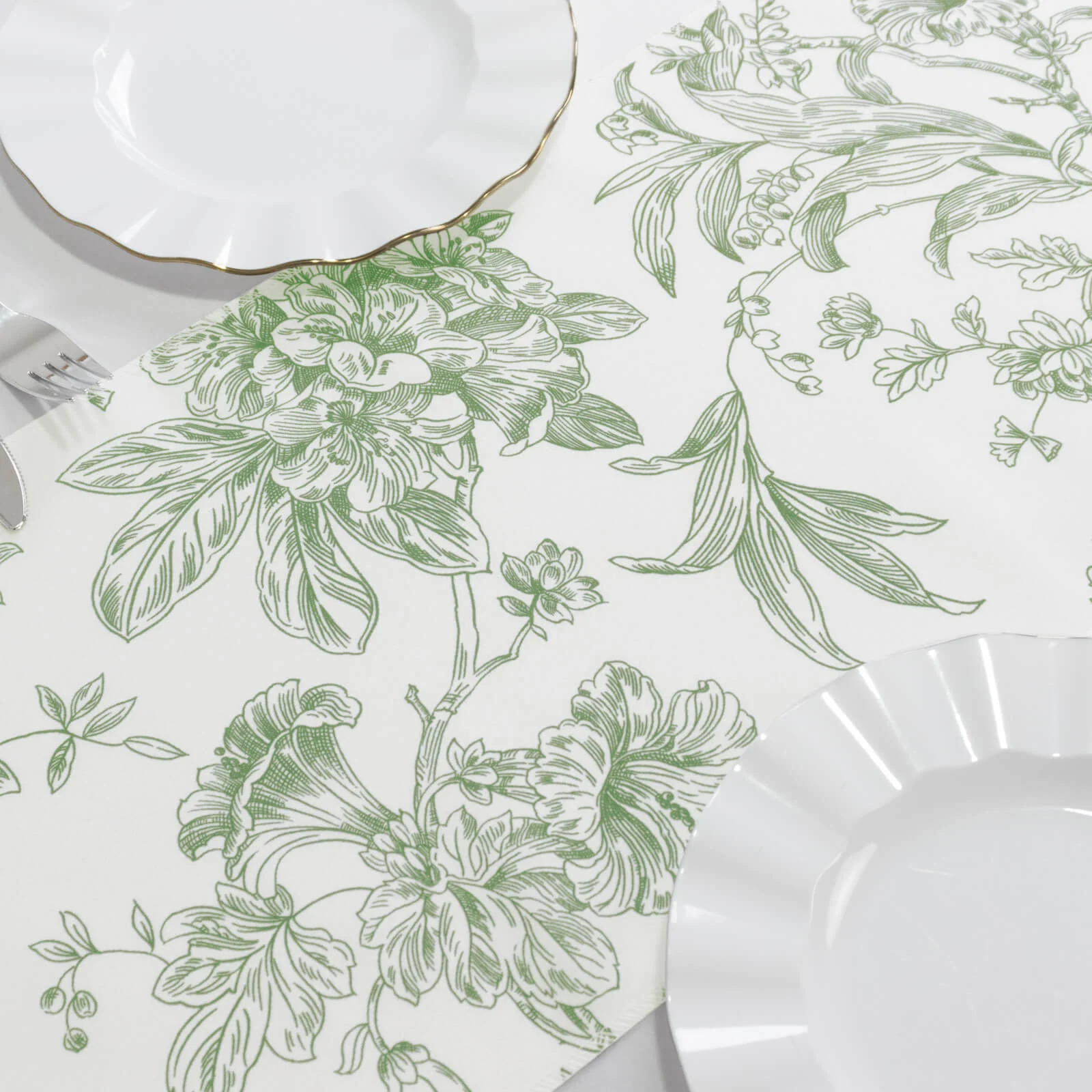 Polyester Table Runner 12"x108" White with Dusty Sage Green French Toile Floral Print - Exquisite Reusable Table Décor - Image 7