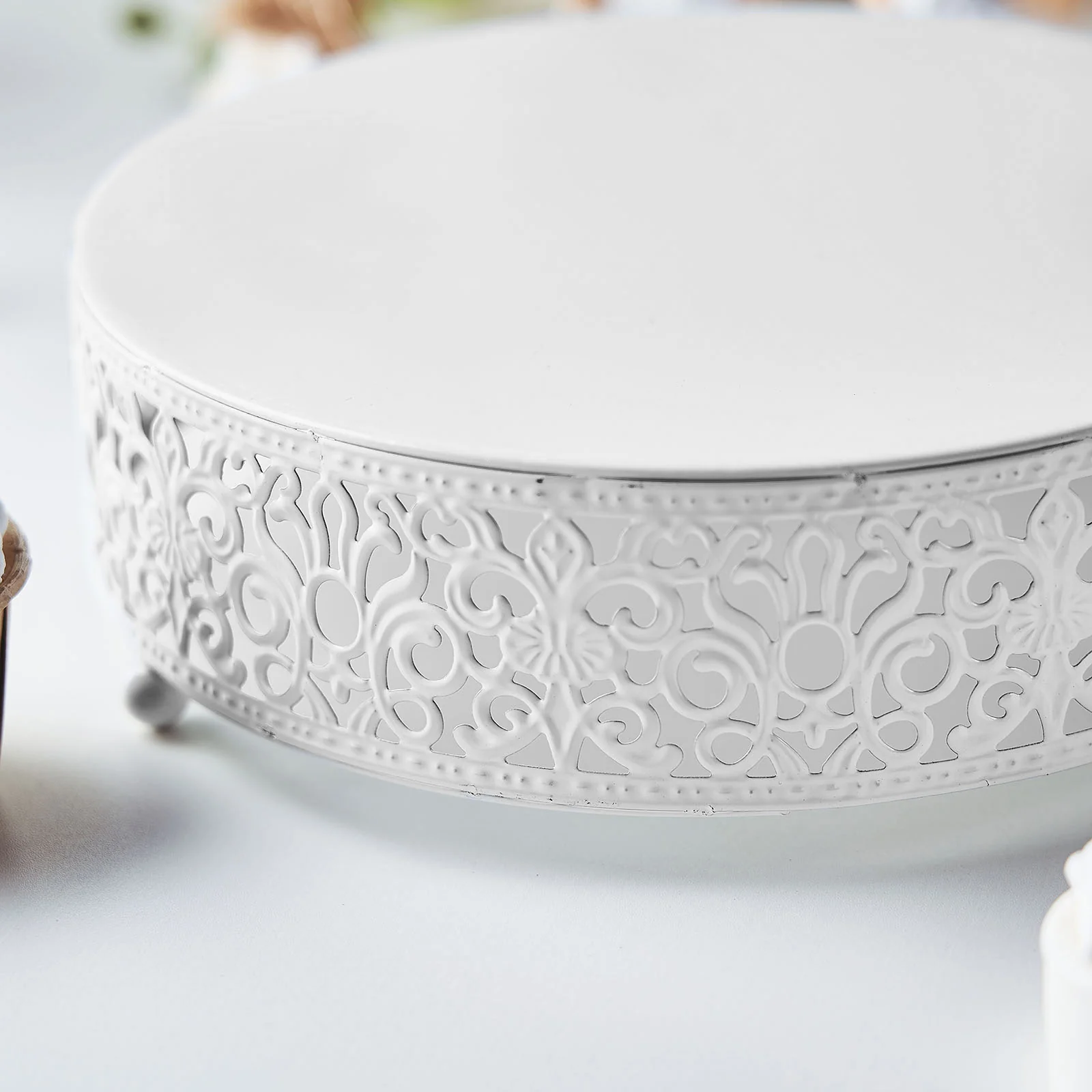 Metal Wedding Cake Stand 8" Fleur De Lis Round Design White - Cupcake Pedestal Display for Events - Image 10