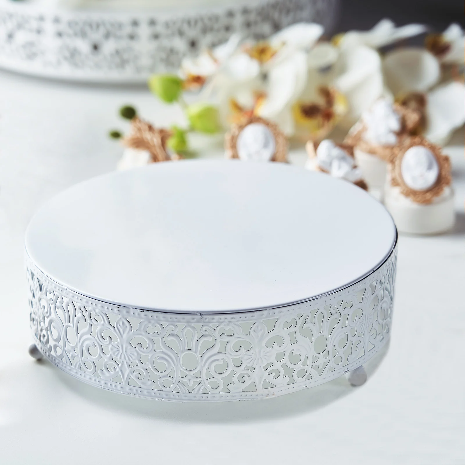 Metal Wedding Cake Stand 8" Fleur De Lis Round Design White - Cupcake Pedestal Display for Events - Image 2