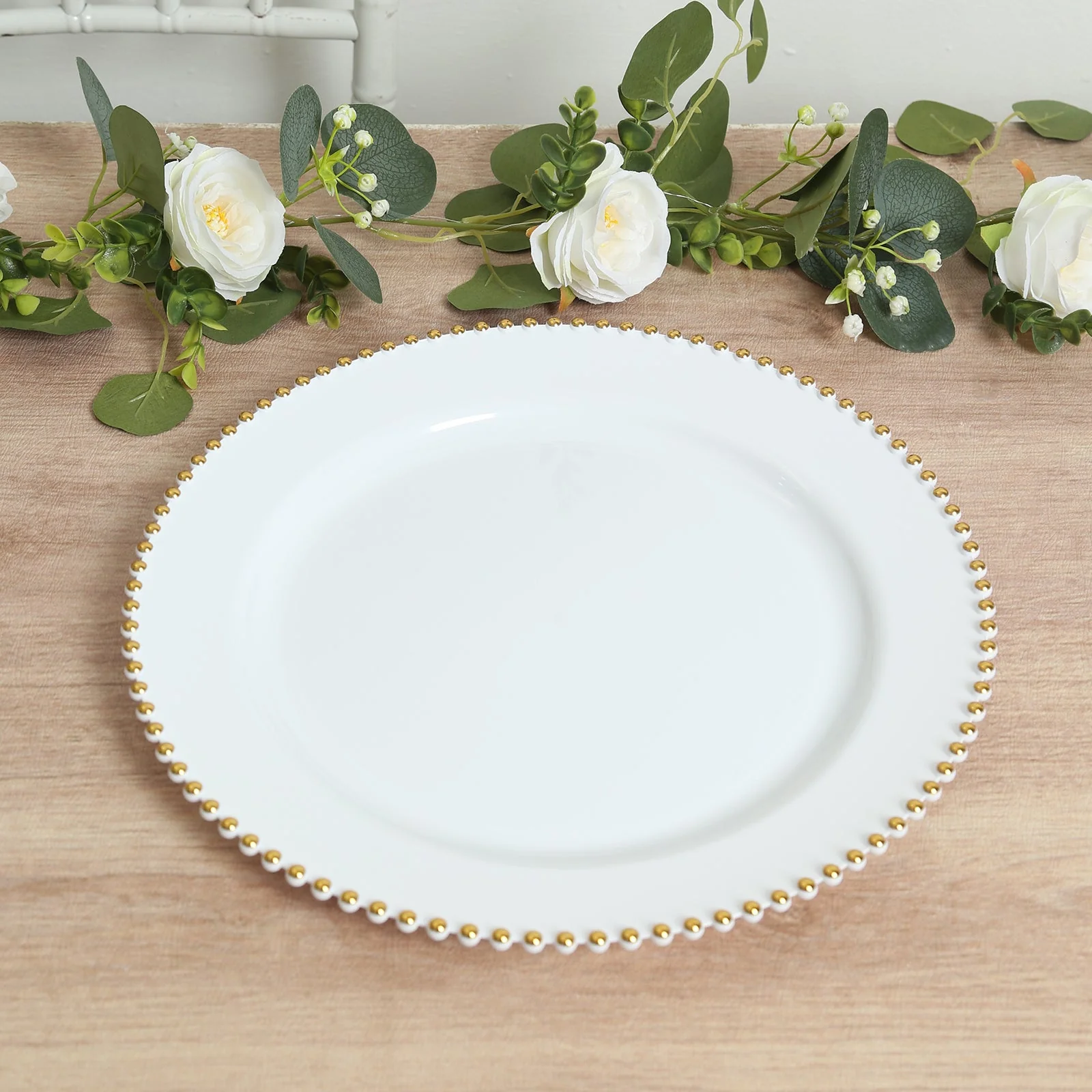 10-Pack Economy Plastic Charger Plates 13" Round White with Gold Beaded Rim - Stylish Dinner Party Serving Plates