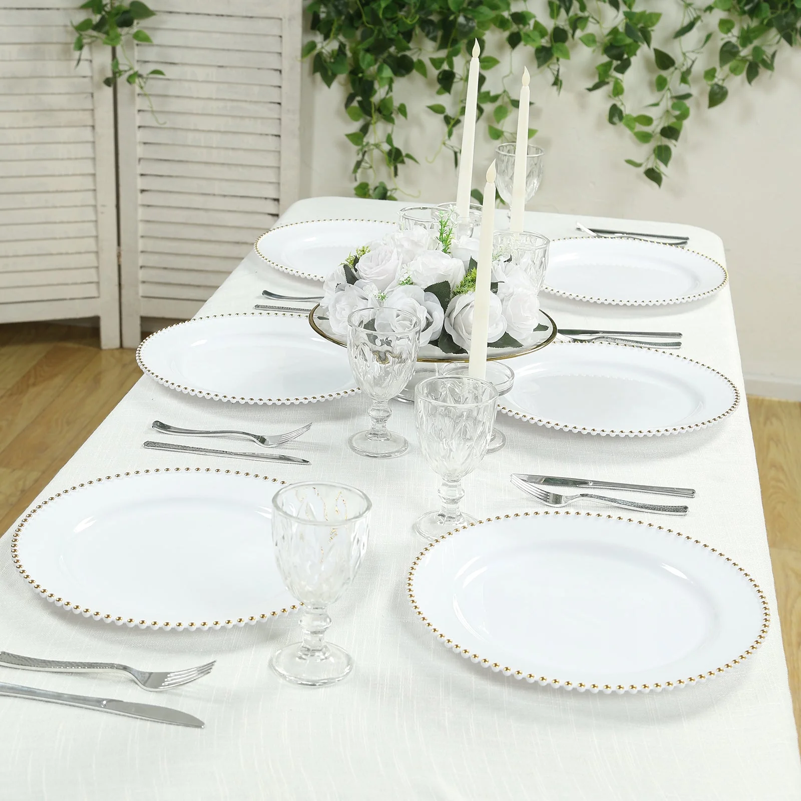 10-Pack Economy Plastic Charger Plates 13" Round White with Gold Beaded Rim - Stylish Dinner Party Serving Plates - Image 6