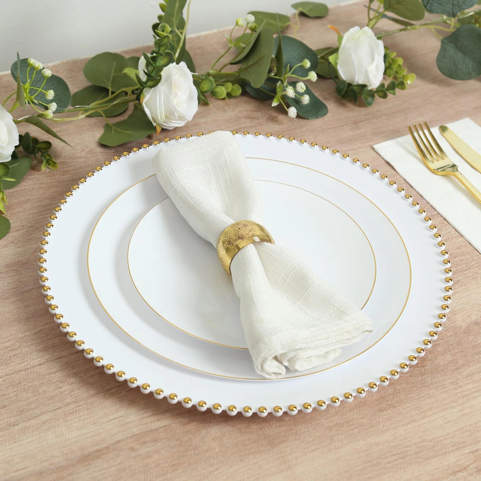 10-Pack Economy Plastic Charger Plates 13" Round White with Gold Beaded Rim - Stylish Dinner Party Serving Plates - Image 8